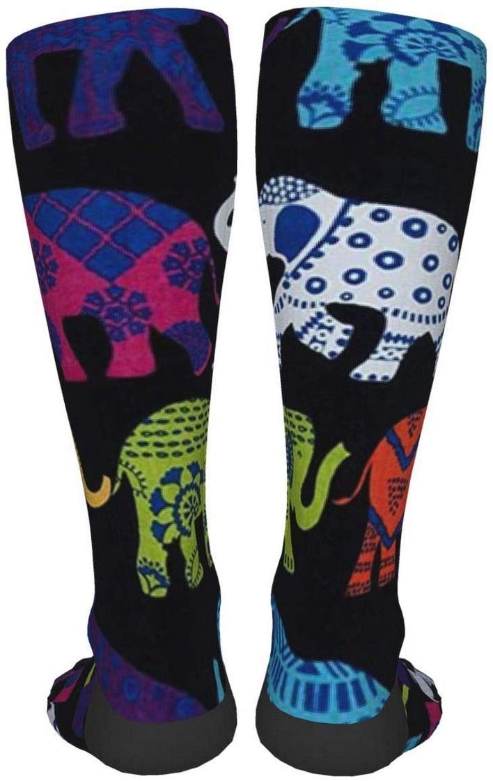 Black Elephants Compression Socks for Men & Women - Crazy Patterned Fun Long Cotton Socks Over The Calf - Perfect for Running, Travel & Work