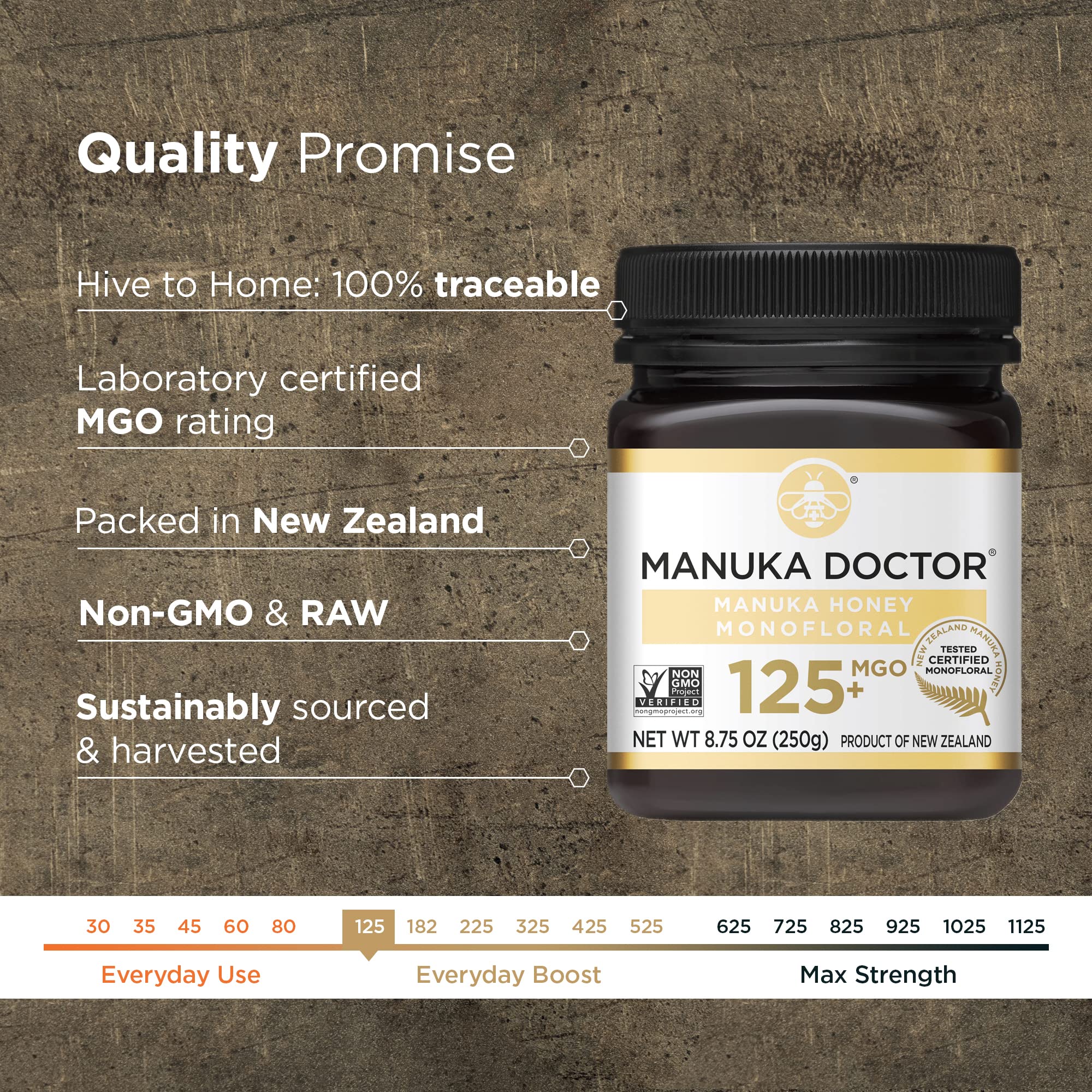 Manuka Doctor MGO 125+ Honey - Pure NZ Raw Monofloral for Immunity & Wellness