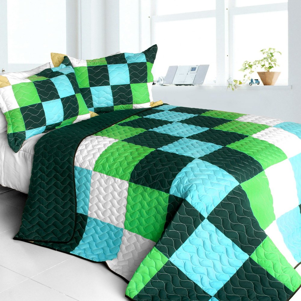Elissa Love Vermicelli-Quilted Patchwork Geometric Quilt Set - Full/Queen Size Bedding for Modern Farmhouse & Bohemian Bedroom Decor
