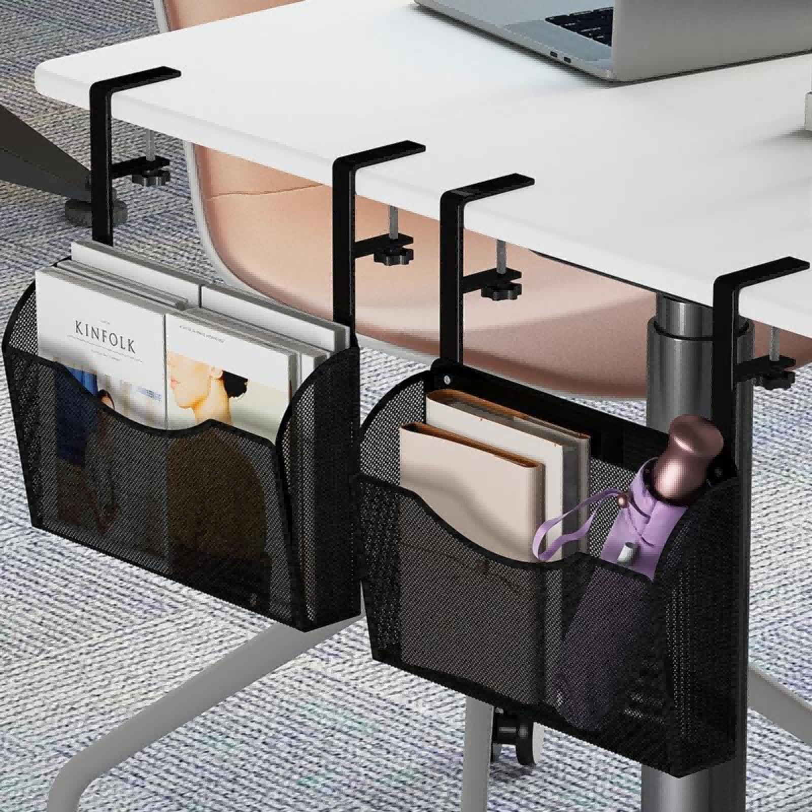 Under Desk Drawer Organizer - Clamp On Mesh Metal Storage Tray for Office & Home Workspace - Space Saving Side Desk Organizer with Hanging Design (Black) - Perfect for Storing Pens, Notebooks & Office Supplies Under Computer Desk