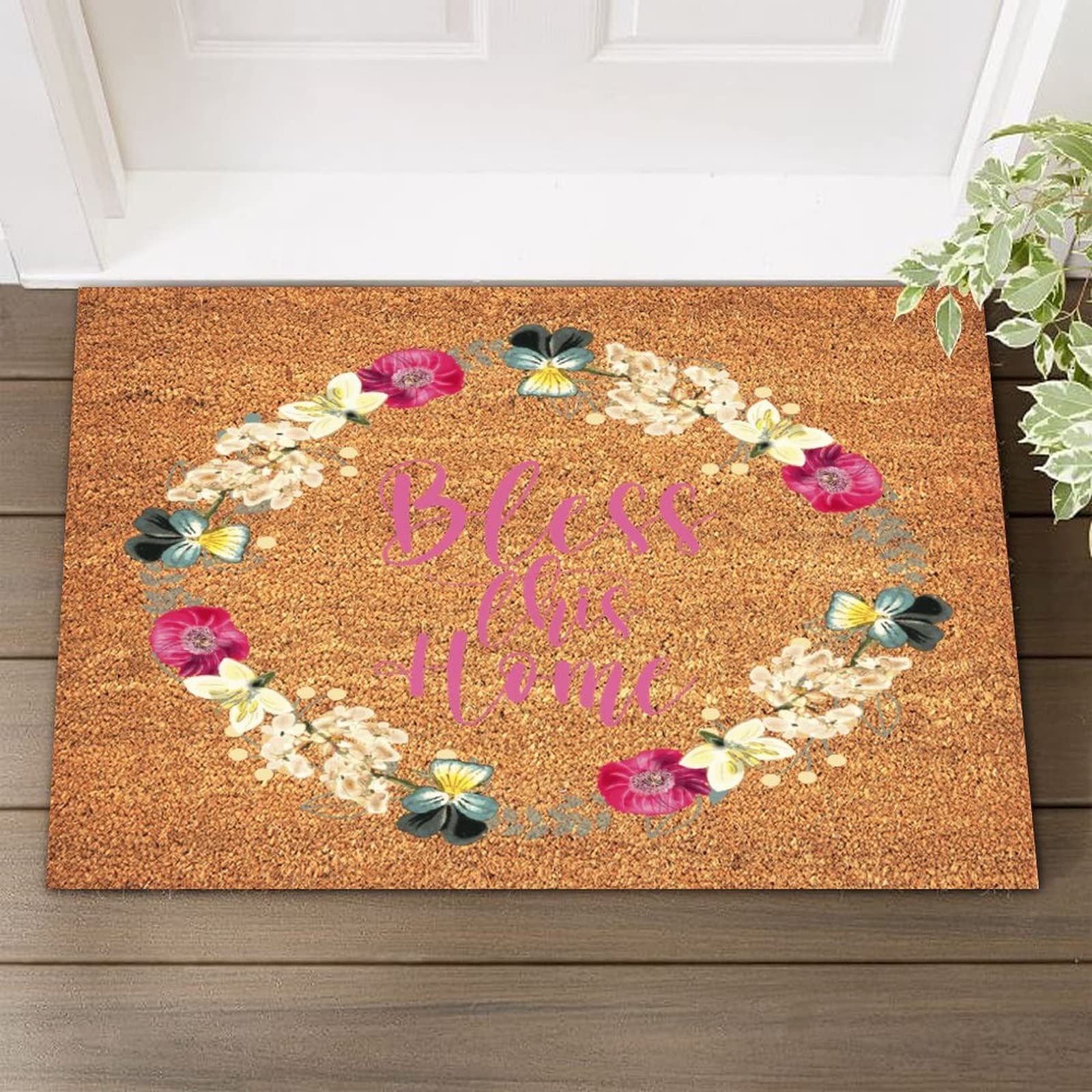 24x36in Coir Doormat - Weather Resistant Flower Wreath Welcome Mat with 'Bless This Home' Personalized Design for Entryway, Farmhouse & Porch Decor - Perfect for Front Door, Patio, and Outdoor Use