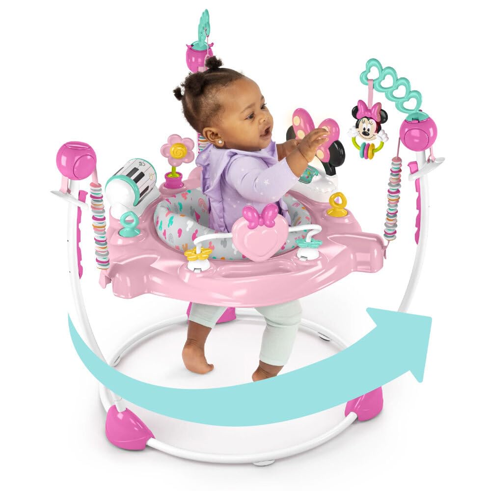Bright Starts Disney Baby Minnie Mouse Forever Besties Baby Activity Jumper with 10 Interactive Toys, Lights & Sounds, 360-Degree Rotating Seat for Infants 6-12 Months (Pink) - Perfect for Playtime, Learning & Motor Skill Development
