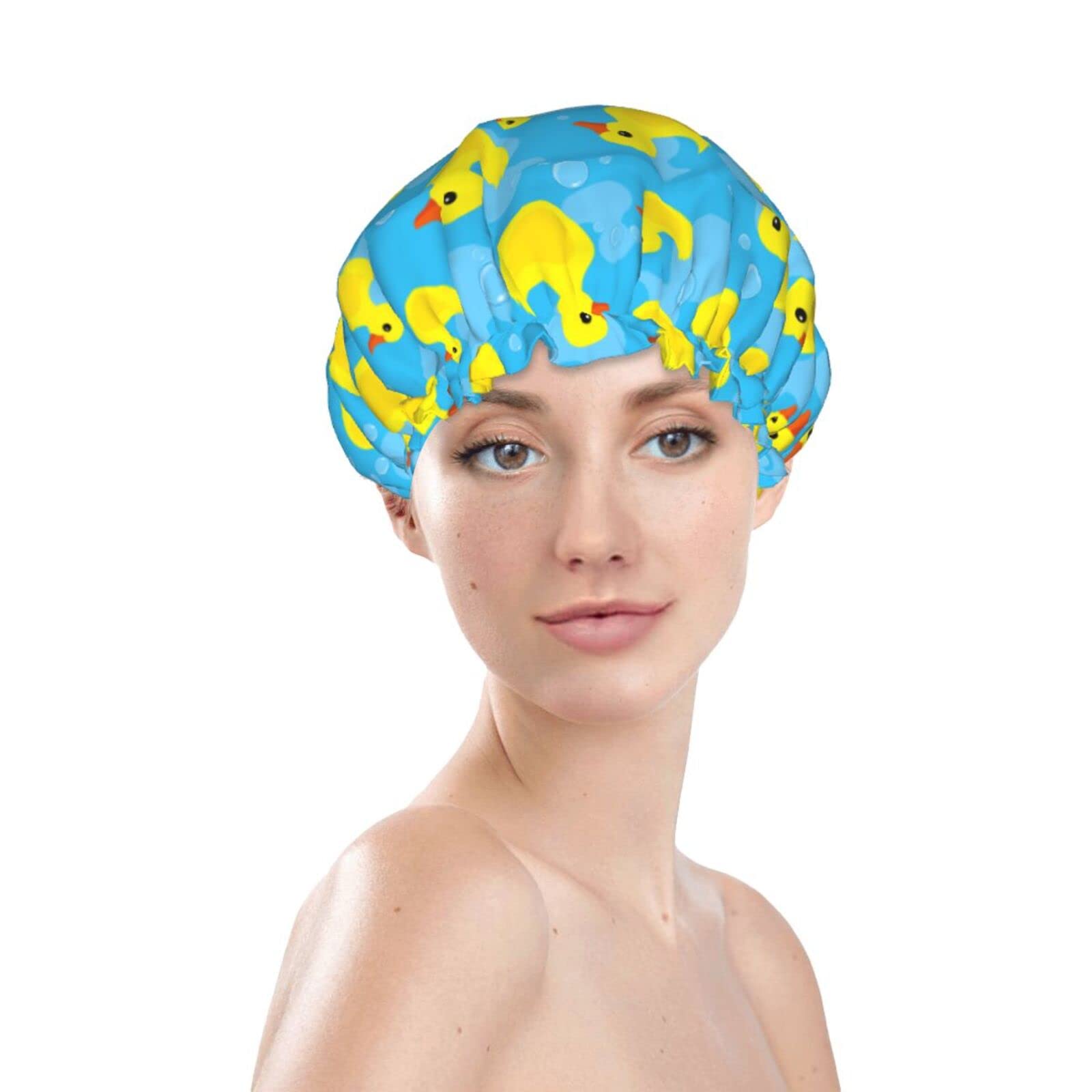Waterproof Shower Cap for Women - Reusable PEVA Lined Shower Hat with Adjustable Elastic Band for Long Hair - Perfect for Bathing, Swimming & Hair Treatments (Blue Rubber Duck Design)