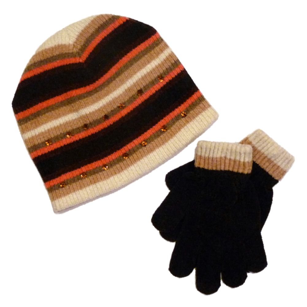 Faded Glory Girls' Brown & Pink Striped Sequin Beanie Hat & Gloves Set - Winter Warm Accessories for Kids, Outdoor Play & Holiday Outfits