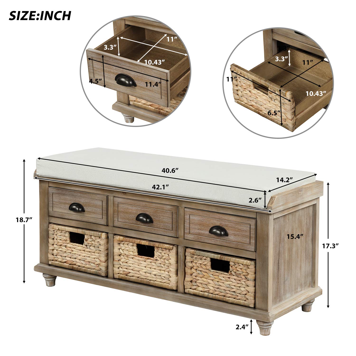 Rustic Entryway Storage Bench with Drawers & Baskets - Shoe Organizer for Living Room & Hallway