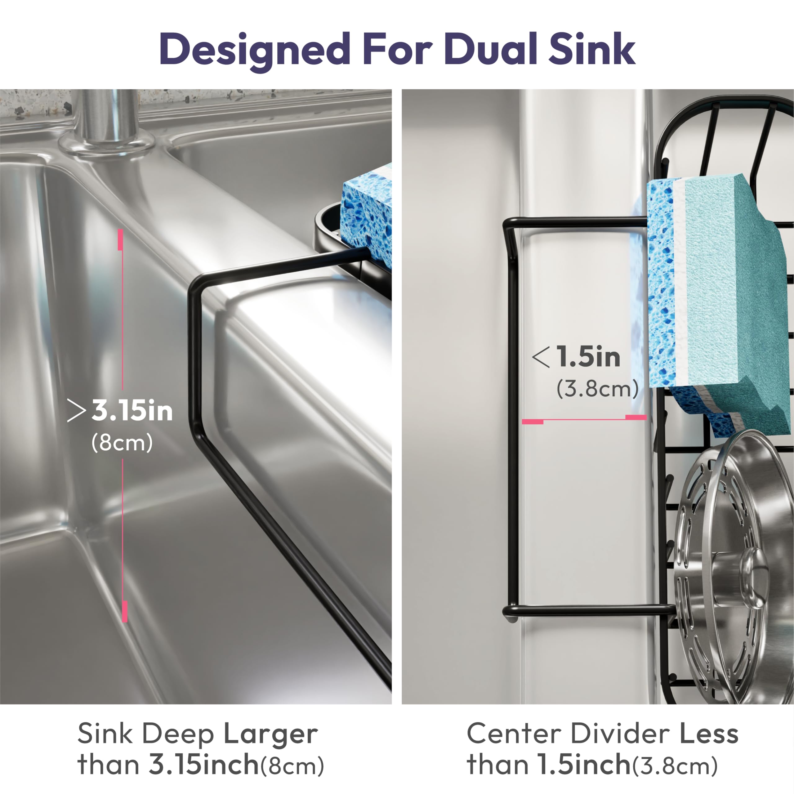 SWTYMIKI Stainless Steel Sponge Holder for Kitchen Sink - Movable Sink Caddy with Partition, Compact Hanging Organizer for Double Bowl Sinks (Black) - Perfect for Keeping Sponges, Brushes & Soap Organized by Sink