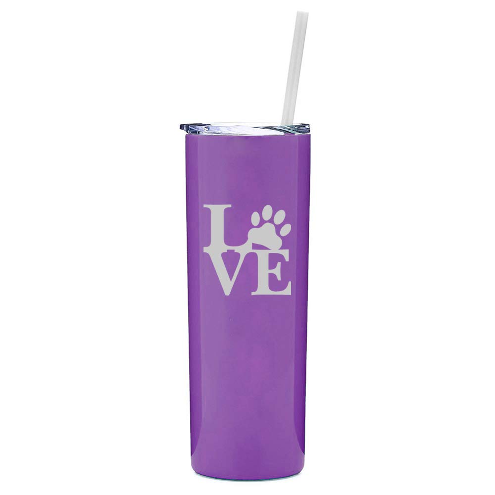 20 oz Skinny Tall Stainless Steel Vacuum Insulated Tumbler with Straw - Cute Paw Print Design (Purple) | Leakproof Travel Mug for Coffee, Tea & Cold Drinks | Perfect for Office, Gym & Outdoor Adventures