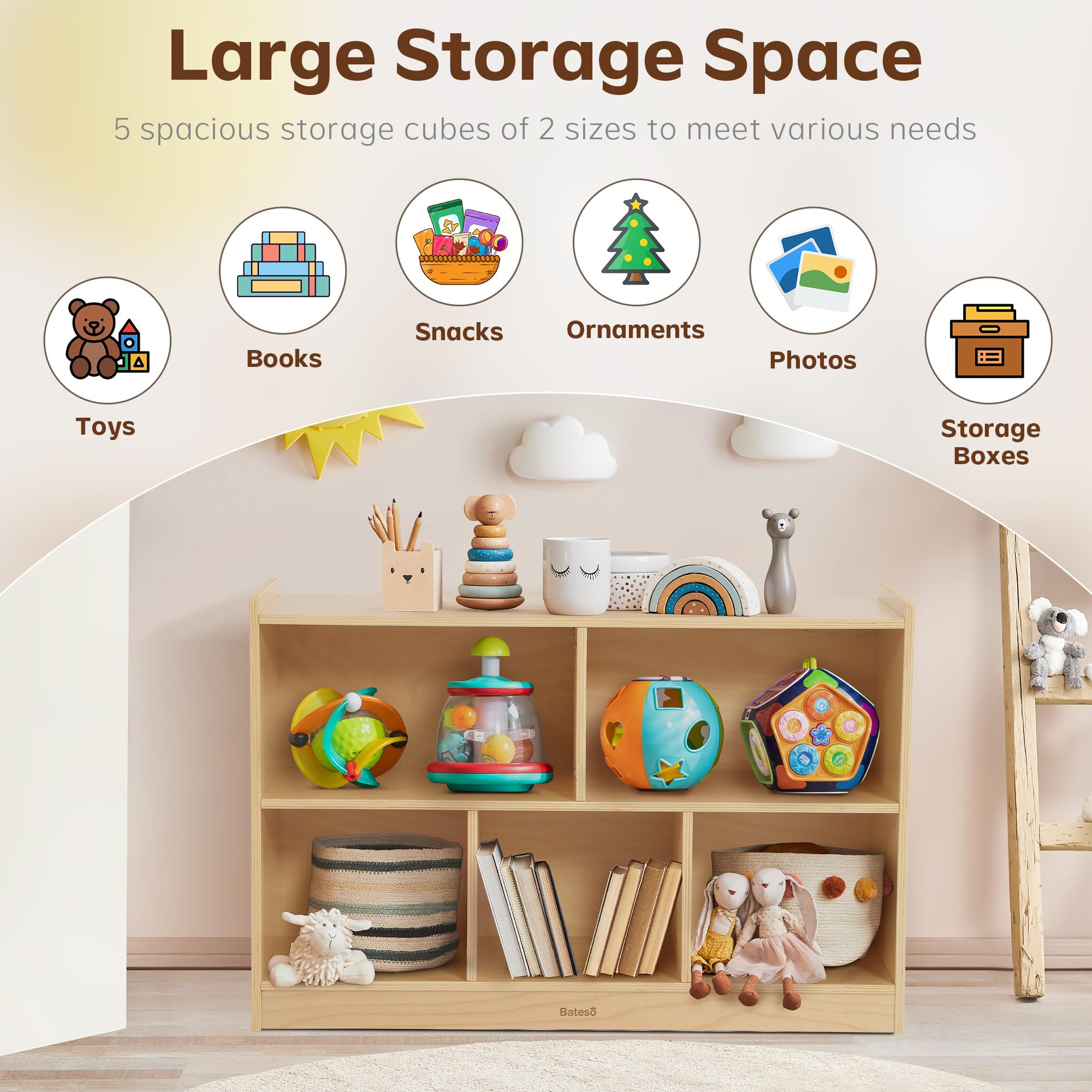 Montessori Wooden Toy Storage Organizer - 2-Shelf Kids Bookshelf with 5 Sections, Natural Wood Bookcase & Toy Shelf for Classroom, Nursery, Playroom & Kids Bedroom - Perfect for Organizing Books, Toys & Learning Materials