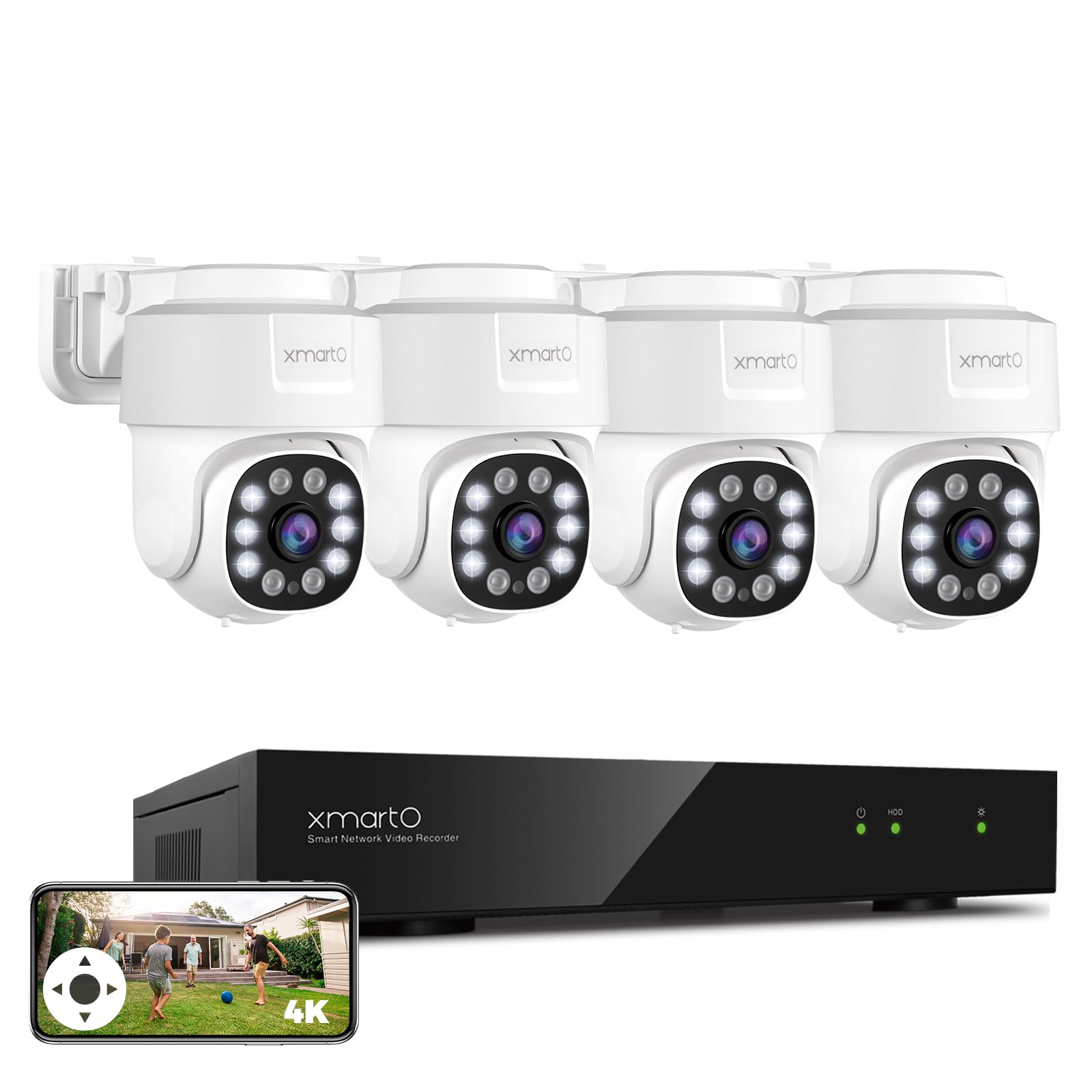 XMARTO 8CH 4K H.265 Auto-Tracking PoE Security Camera System with Pan Tilt Zoom - 4pcs Wired Surveillance Cameras with Human Detection, 24/7 Recording (No HDD) - Ideal for Home Security, Business Monitoring & Outdoor Surveillance