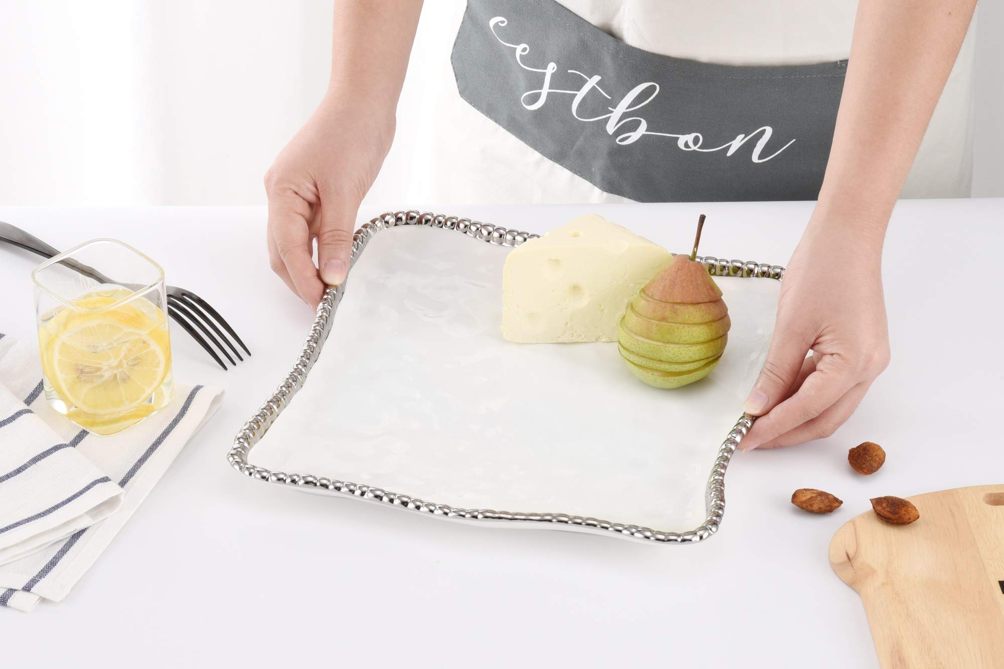 Pampa Bay Salerno 11-inch Square Titanium-Plated Ceramic Platter Tray - White & Silver Porcelain Serving Dish - Oven Safe Holiday Party Appetizer Plate for Christmas, Thanksgiving & Entertaining