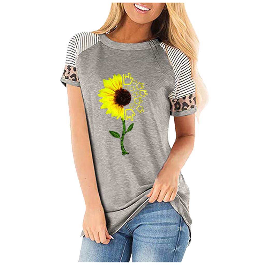 Lozeny Women's Floral Sunflower Graphic T-Shirt - Patchwork Summer Plaid Short Sleeve Blouse Pullover Tunic Top for Casual Wear, Beach Outings & Summer Fashion