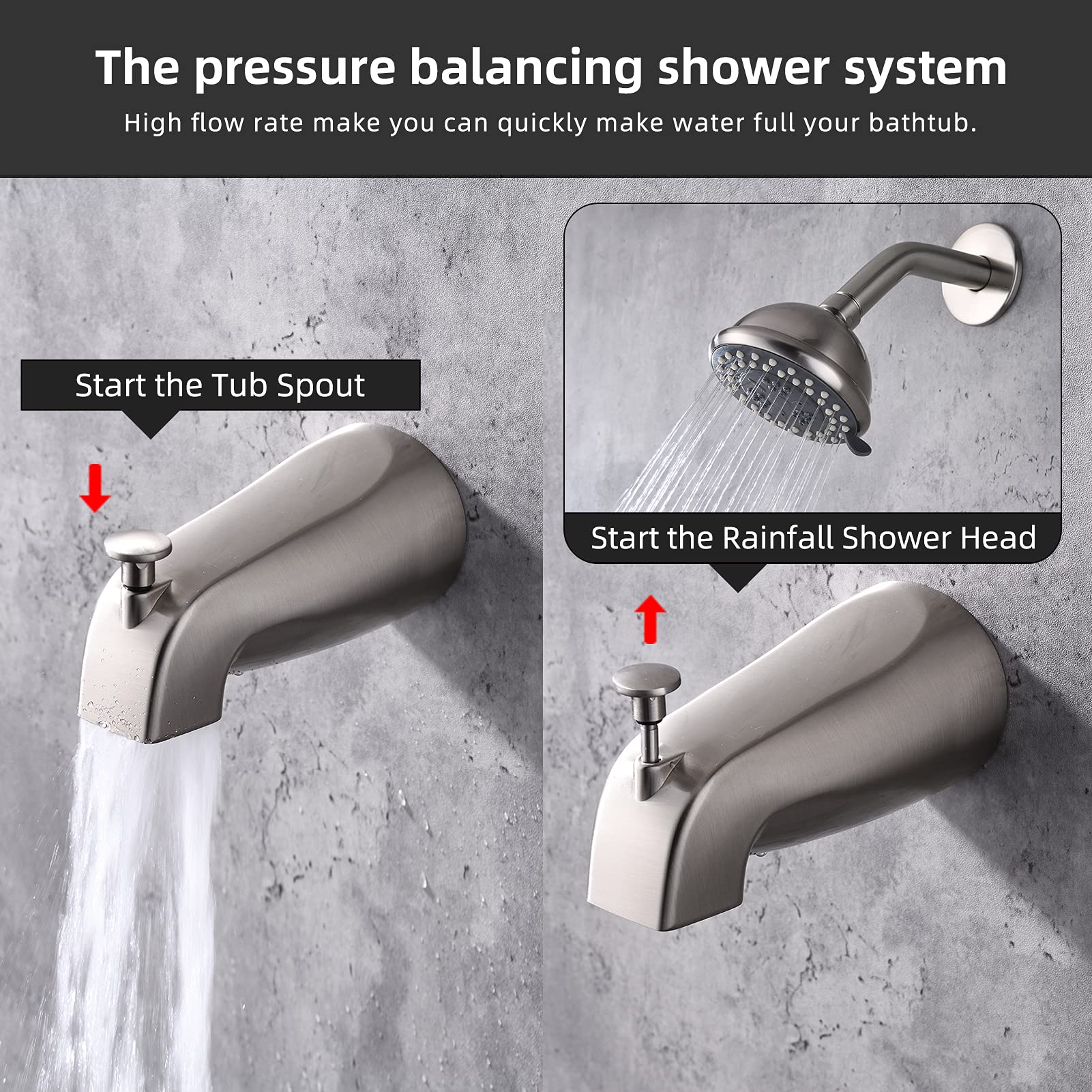 NEWATER Dual Function Shower Faucet Set with Tub Spout - Pressure Balancing Shower Trim Kit (Includes Rough-in Valve) - Brushed Nickel Wall Mounted Single Handle Bathroom Fixture for Modern Home & Spa Experience