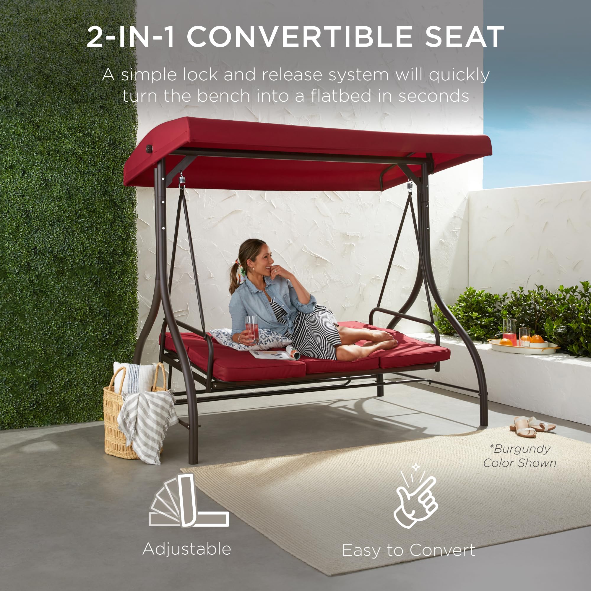 Best Choice Products 3-Seat Outdoor Canopy Swing Glider with Adjustable Shade & Removable Cushions - Gray Patio Hammock Lounge Chair for Porch, Backyard, Garden - Perfect for Relaxing, Sunbathing & Outdoor Gatherings