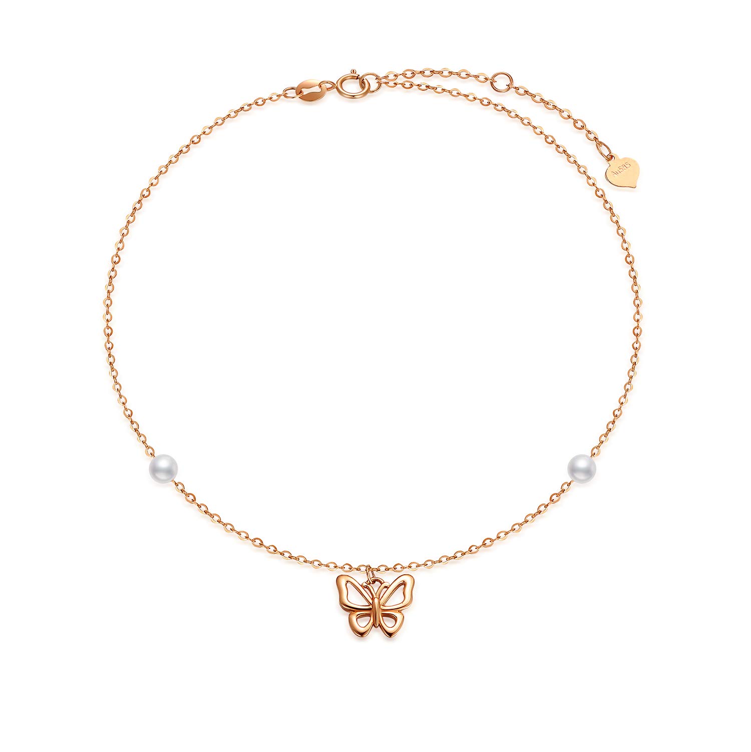 14K Gold Butterfly Anklet for Women – Real Pearl Ankle Bracelet, Dainty Adjustable Chain (8.6+0.8+0.8 Inch) – Elegant Gift for Her, Perfect for Weddings, Beach Vacations & Summer Outfits