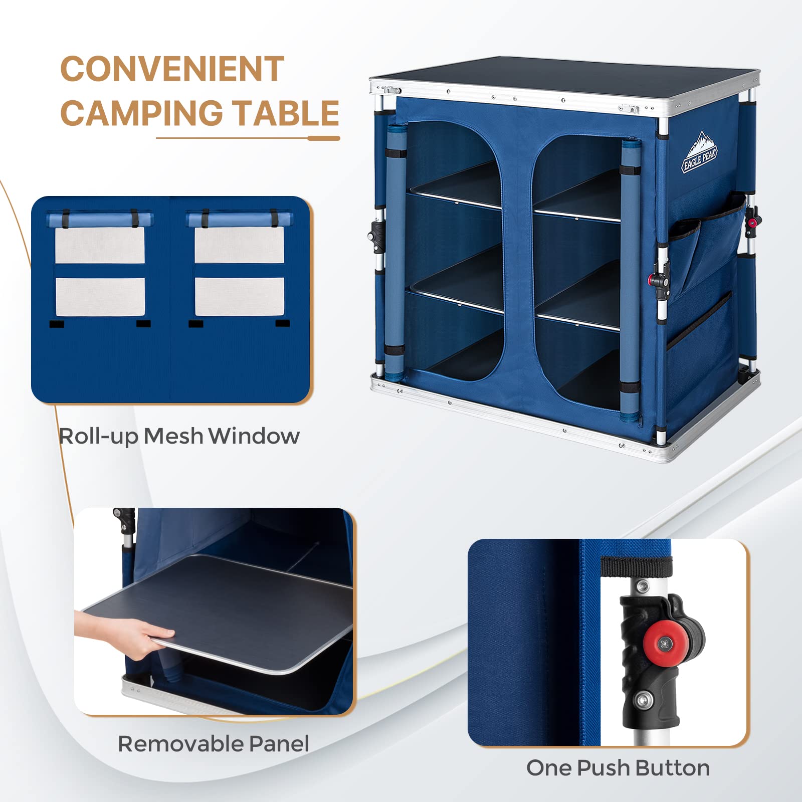 EAGLE PEAK 3-Tier Folding Camping Table with Storage Organizer | Portable Aluminum Outdoor Picnic Table for Camping, Hiking, BBQ & Beach | Compact Design with Side Pockets & Easy Setup (Blue)