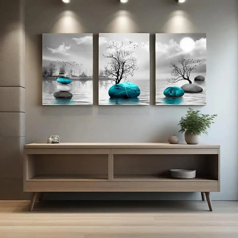 3pcs Red Tree of Life Teal Beach and Stones Metal Wall Art - Ready to Hang Nature Inspired Prints for Living Room, Bedroom & Office Decor