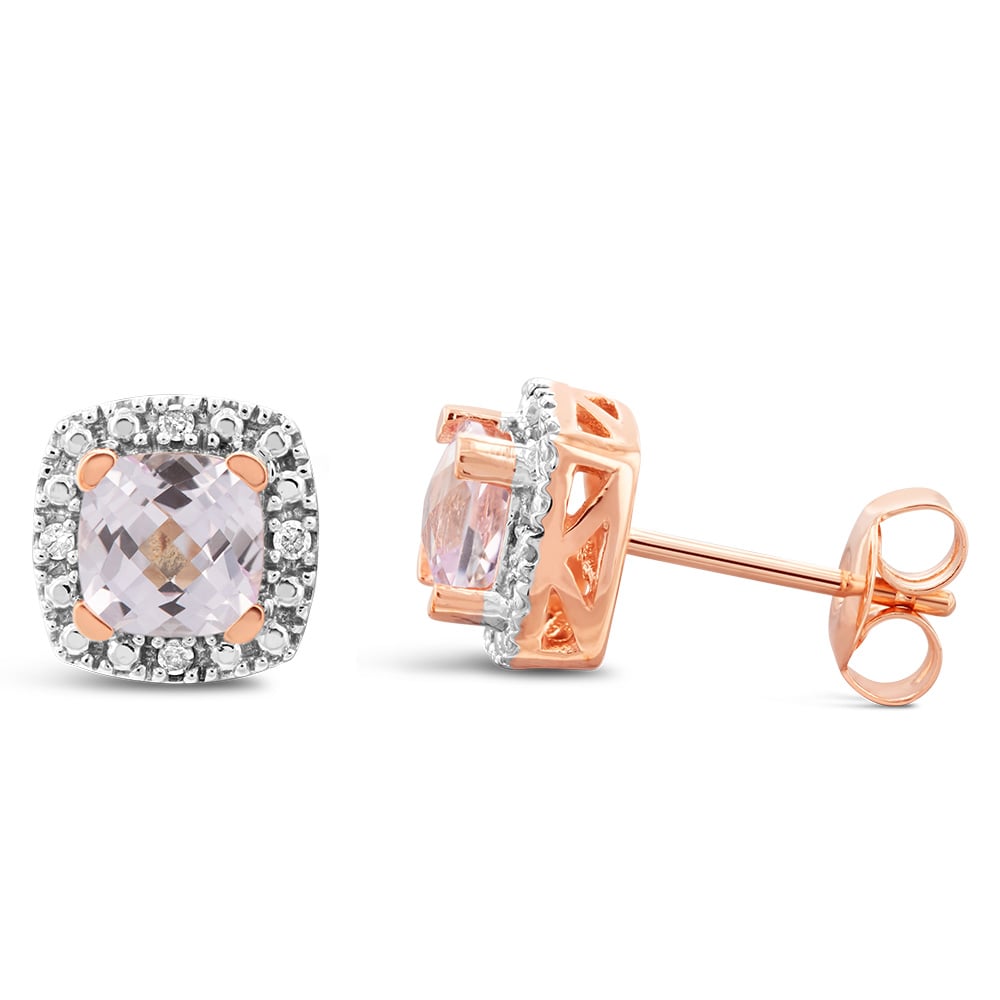 9ct Rose Gold Morganite & Diamond Stud Earrings for Women - Elegant Square Design, Perfect for Weddings, Parties & Everyday Wear