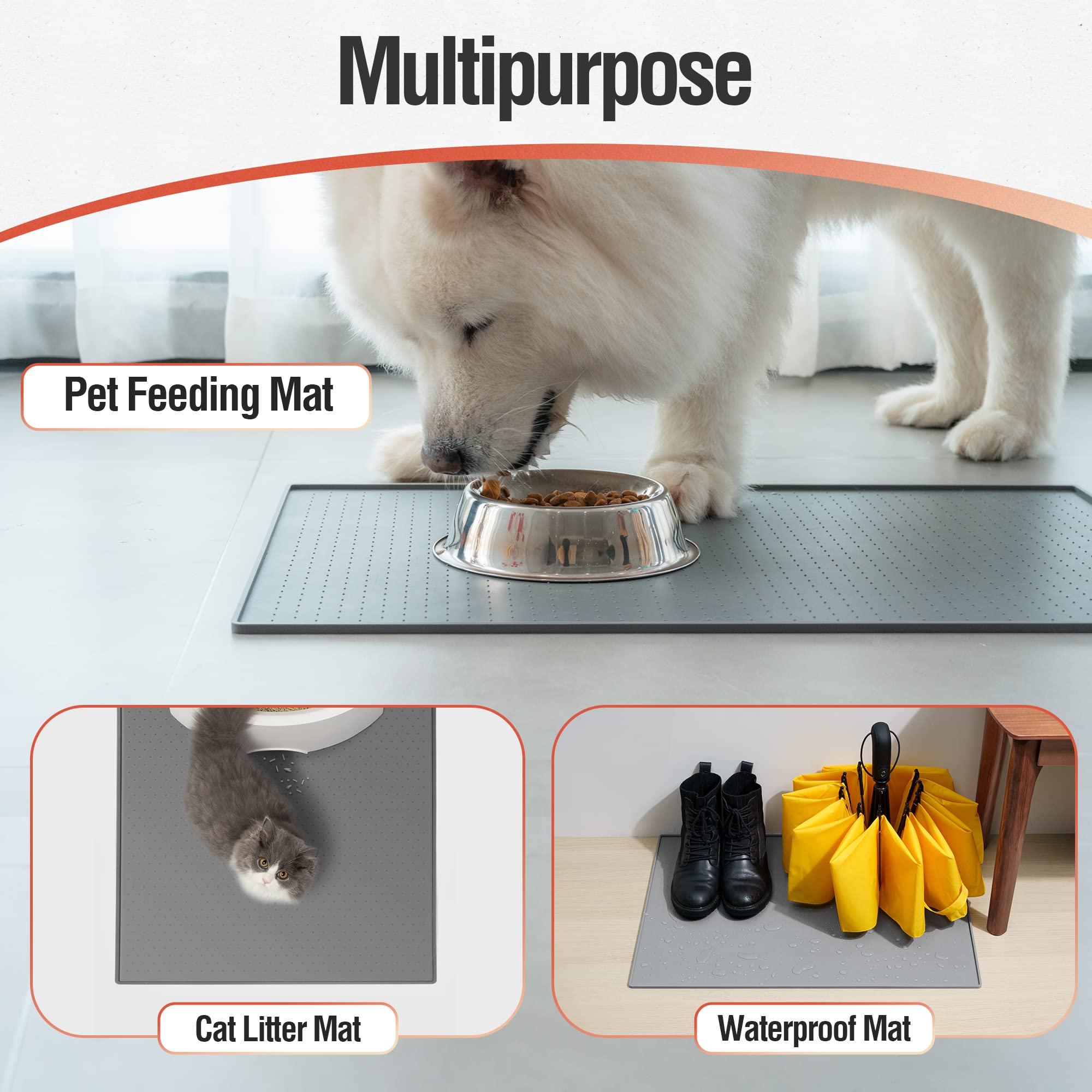 Non-Slip Silicone Pet Food Mat for Dogs & Cats - 48x30cm Waterproof Bowl Mat with Raised Edge to Prevent Spills - Dishwasher Safe & Easy Clean (Gray) - Perfect for Kitchen, Dining Area & Outdoor Use