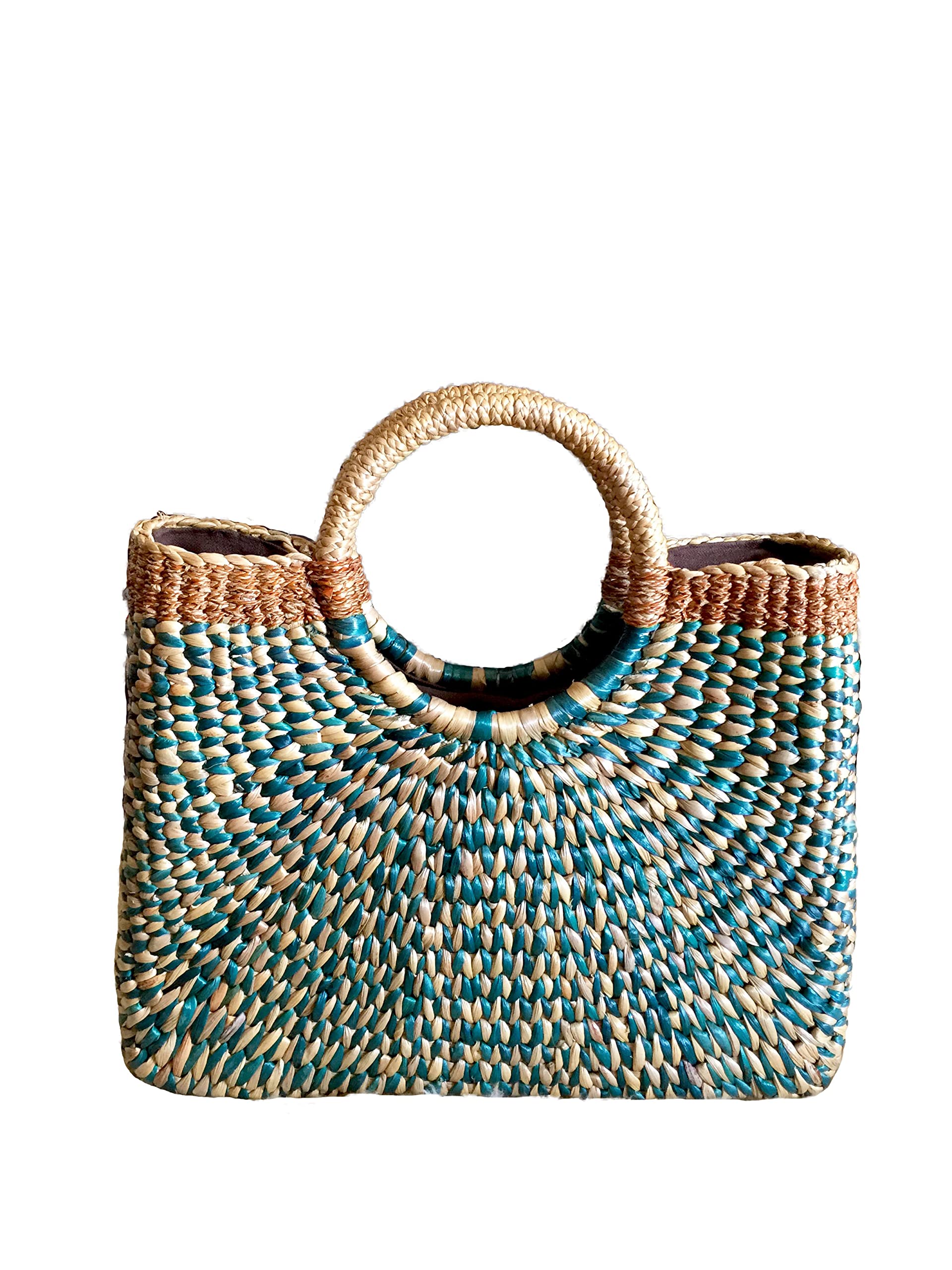 Handwoven Blue Straw Purse Basket - Eco-Friendly Beach Tote Bag with Top Handle for Women | Perfect for Summer Outings, Picnics, and Beach Vacations