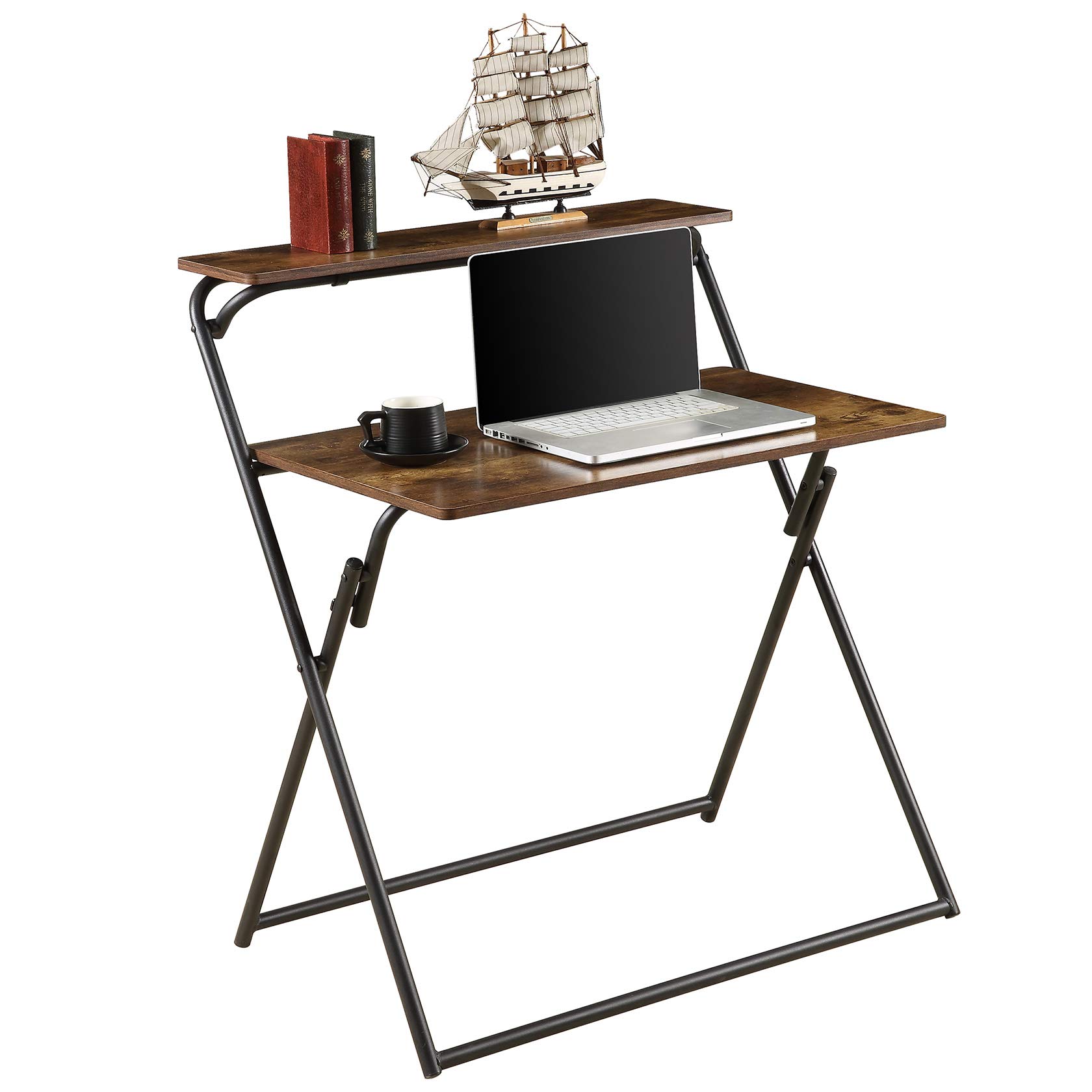 Compact Folding Computer Desk with 2-Tier Shelf - Space Saving Home Office Desk for Small Spaces | Perfect for Work from Home, Study & Writing in Apartments, Dorms & Tiny Homes