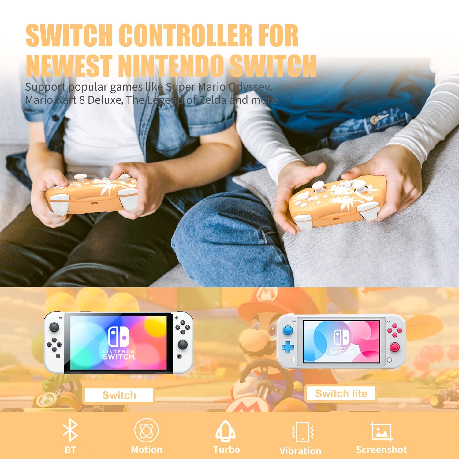 Mytrix Wireless Pro Controller for Nintendo Switch/Lite/OLED - Cute Maple Leaf Orange Gamepad with Wake-Up, Headphone Jack, Turbo Auto-Fire, Motion & Vibration | Perfect for Gaming at Home or On-The-Go