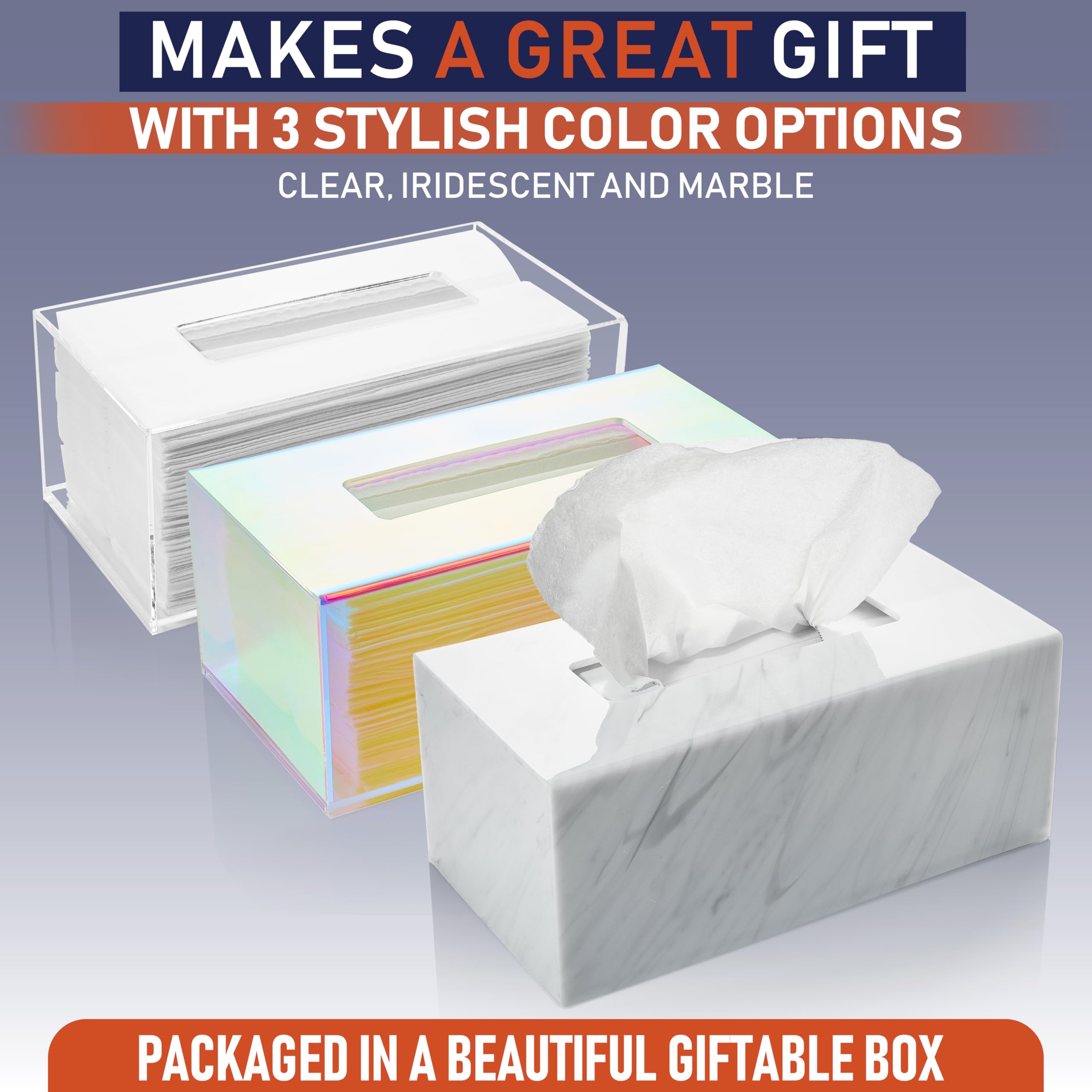 Clear Acrylic Tissue Box Holder - Rectangle Iridescent Dispenser for Facial Tissues, Napkins & Dryer Sheets | Bathroom, Bedroom, Office Desk & Vanity Organizer | Modern Home Decor for Countertops & Nightstands