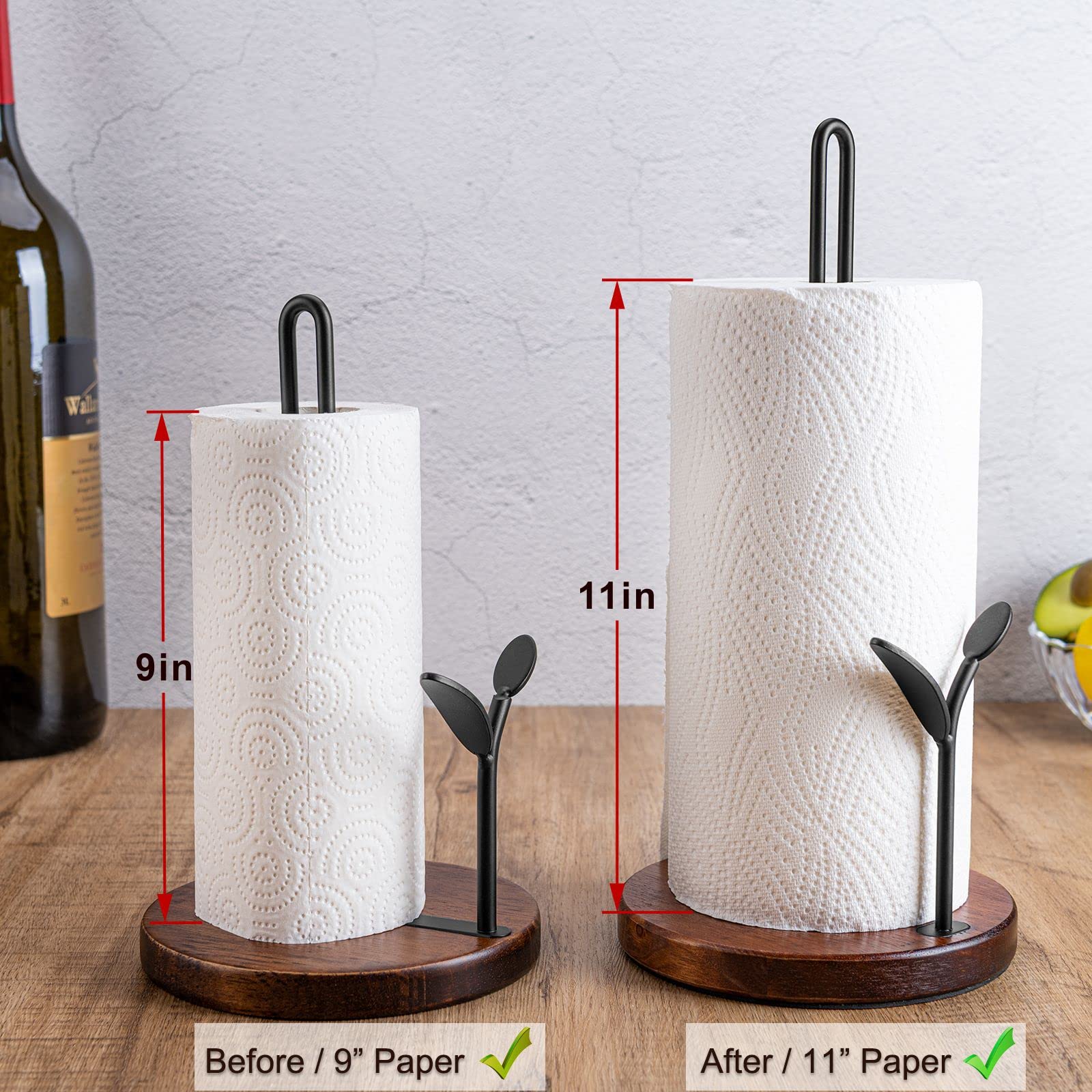 Rustic Wood Paper Towel Holder Stand for Kitchen Countertop & Dining Table - Easy One-Handed Tear, Home Decor, Fits 11