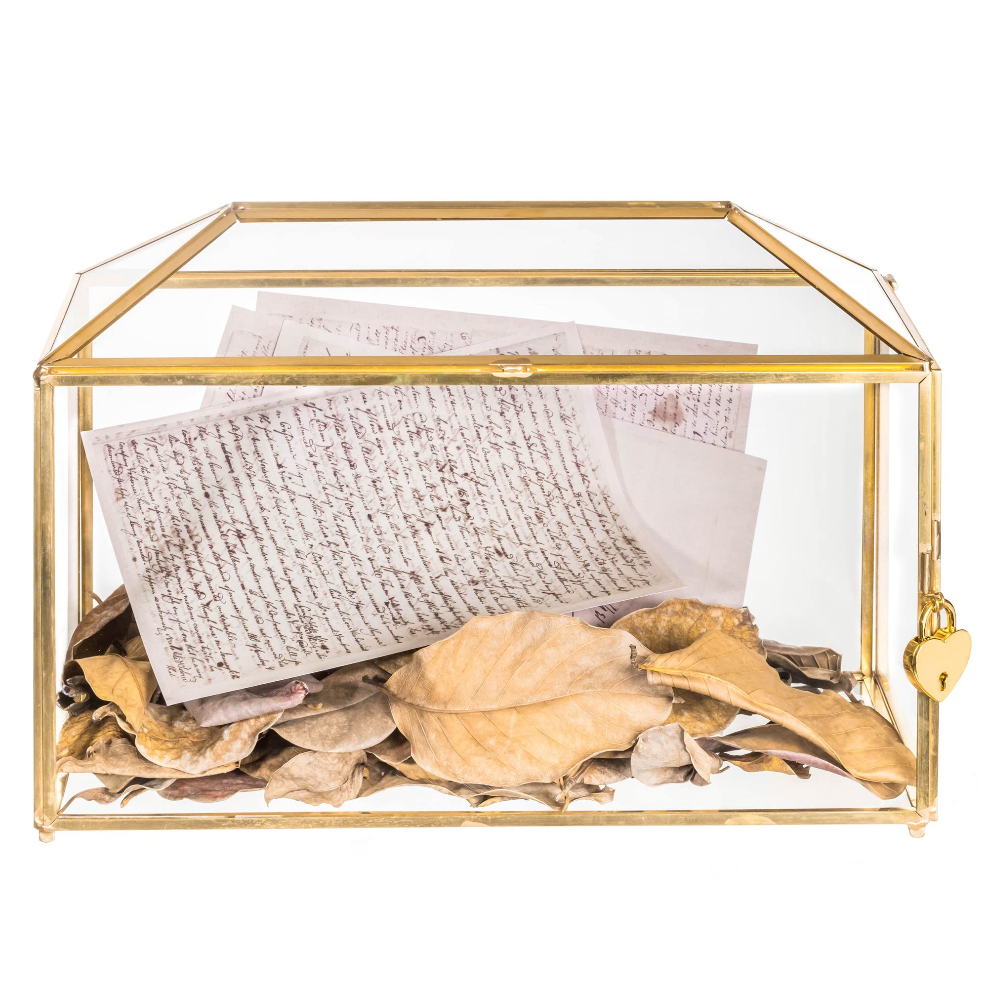 Handmade 32cm Golden Glass Card Box with Slot & Lock for Wedding Reception - Geometric Brass Terrarium Container, Keepsake Table Centerpiece (Glass Box Only) - Perfect for Weddings, Parties & Home Decor