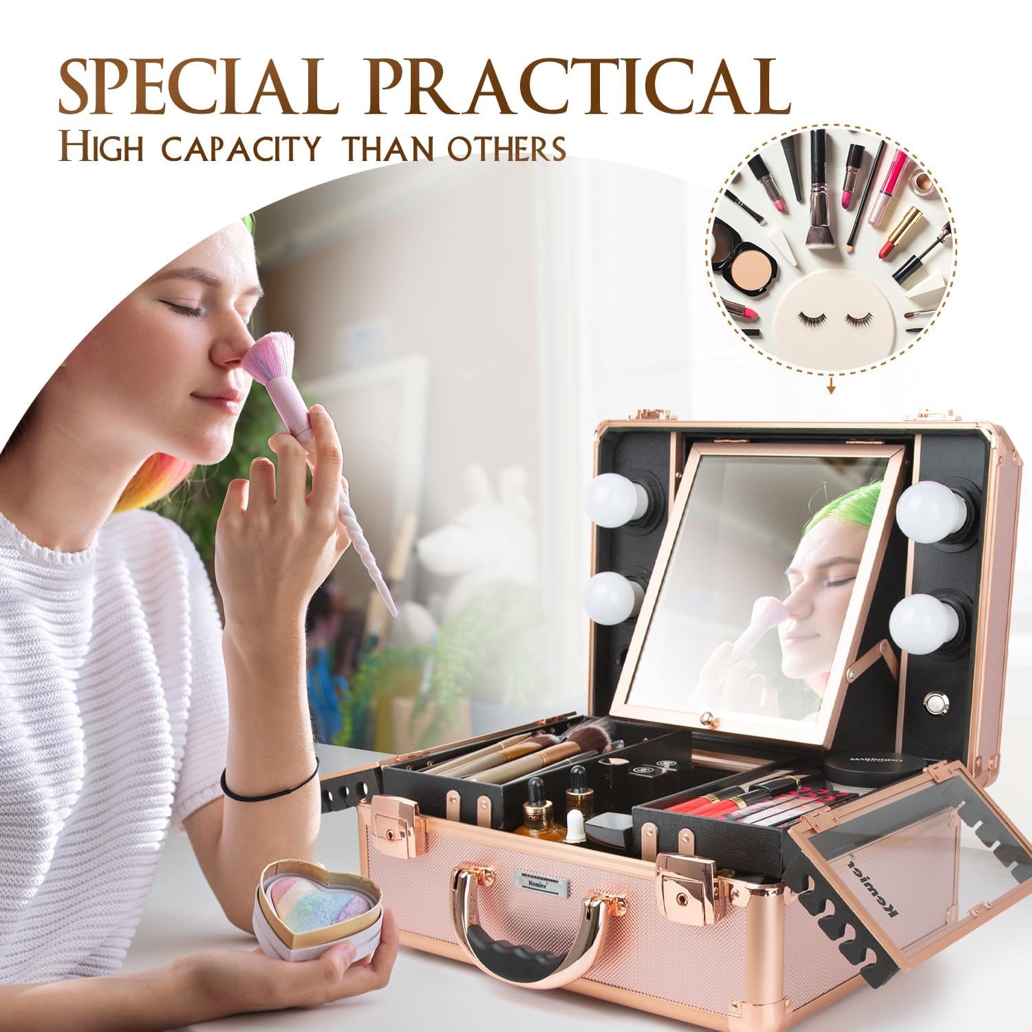 Kemier Professional Makeup Train Case with LED Lights & Mirror - Large Cosmetic Organizer Box with Custom Dividers, Rose Gold Makeup Artist Kit for Travel & Salon Use