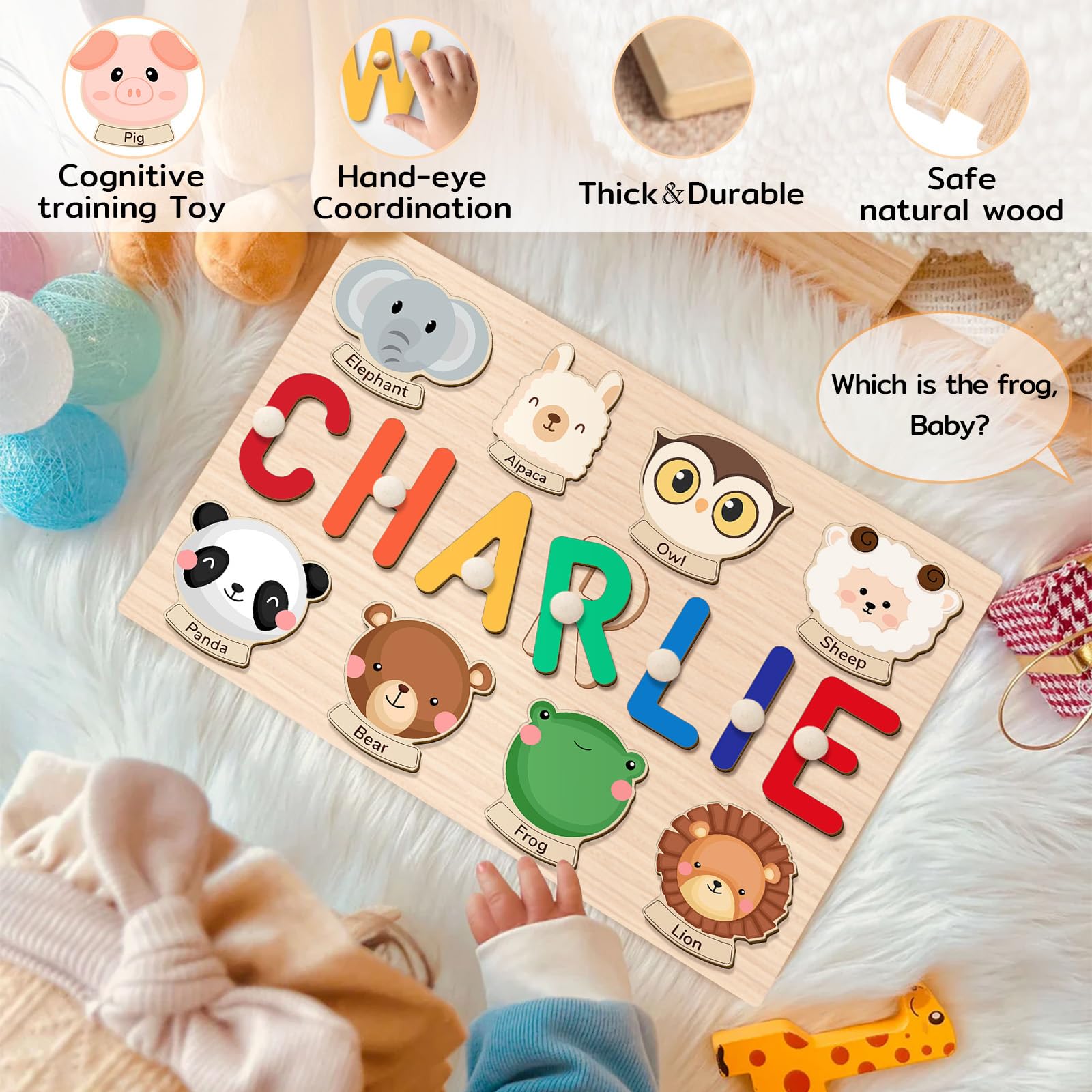 Personalized Wooden Name Puzzle for Toddlers 1-3 Years Old - Custom Baby Learning Toy with Animal Shapes, Engraved Text - Perfect Easter Basket Stuffers, 1st Birthday Gifts & Early Education Activity for Boys and Girls
