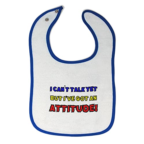 Funny Baby Bibs & Burp Cloths - 'Can't Talk Yet But I've Got Attitude!' Humorous Cotton Feeding Accessories for Toddler Girls & Boys - White & Royal Blue Design - Perfect for Mealtime, Playtime & Photo Shoots