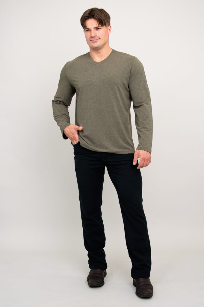 Adam Men's Long Sleeve Shirt - Yarn Dyed Khaki Bamboo Fabric - Comfortable Casual Wear for Office, Travel & Outdoor Activities
