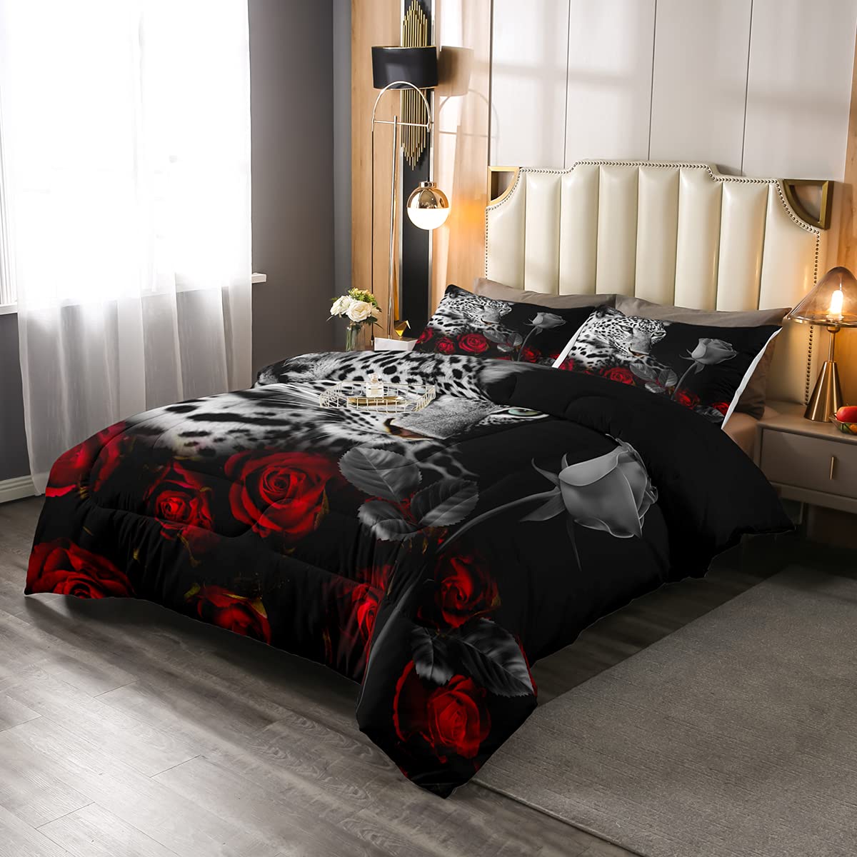 Leopard Rose Bedding Set - Queen Size Comforter & Pillowcases for Safari Bedroom Decor