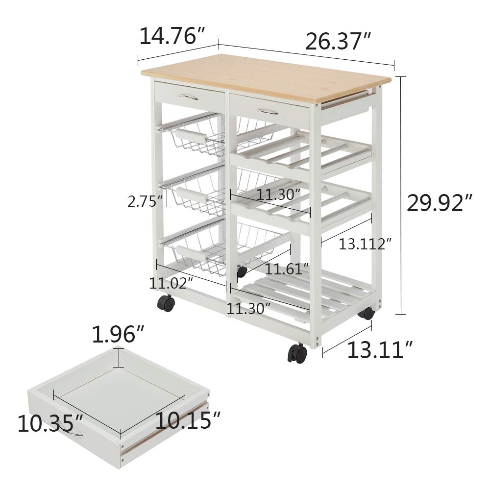 Kitchen Island Cart on Wheels with 6-Bottle Wine Rack, 2 Drawers & 3 Removable Baskets - Mobile Storage Cart for Kitchen, Home, or Hotel - Perfect for Small Spaces, Entertaining & Extra Counter Space