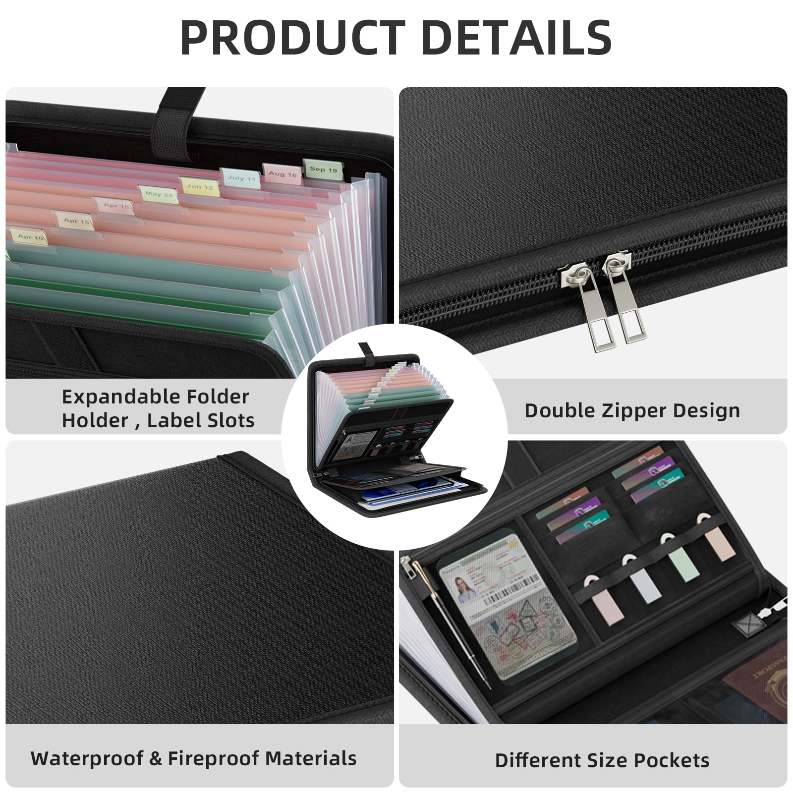 Fireproof Accordion File Organizer with 13 Pockets - Waterproof Zipper & Labels, Portable Expanding Document Folder for Important Papers - Perfect for Home Office, School, Travel & Legal Document Storage