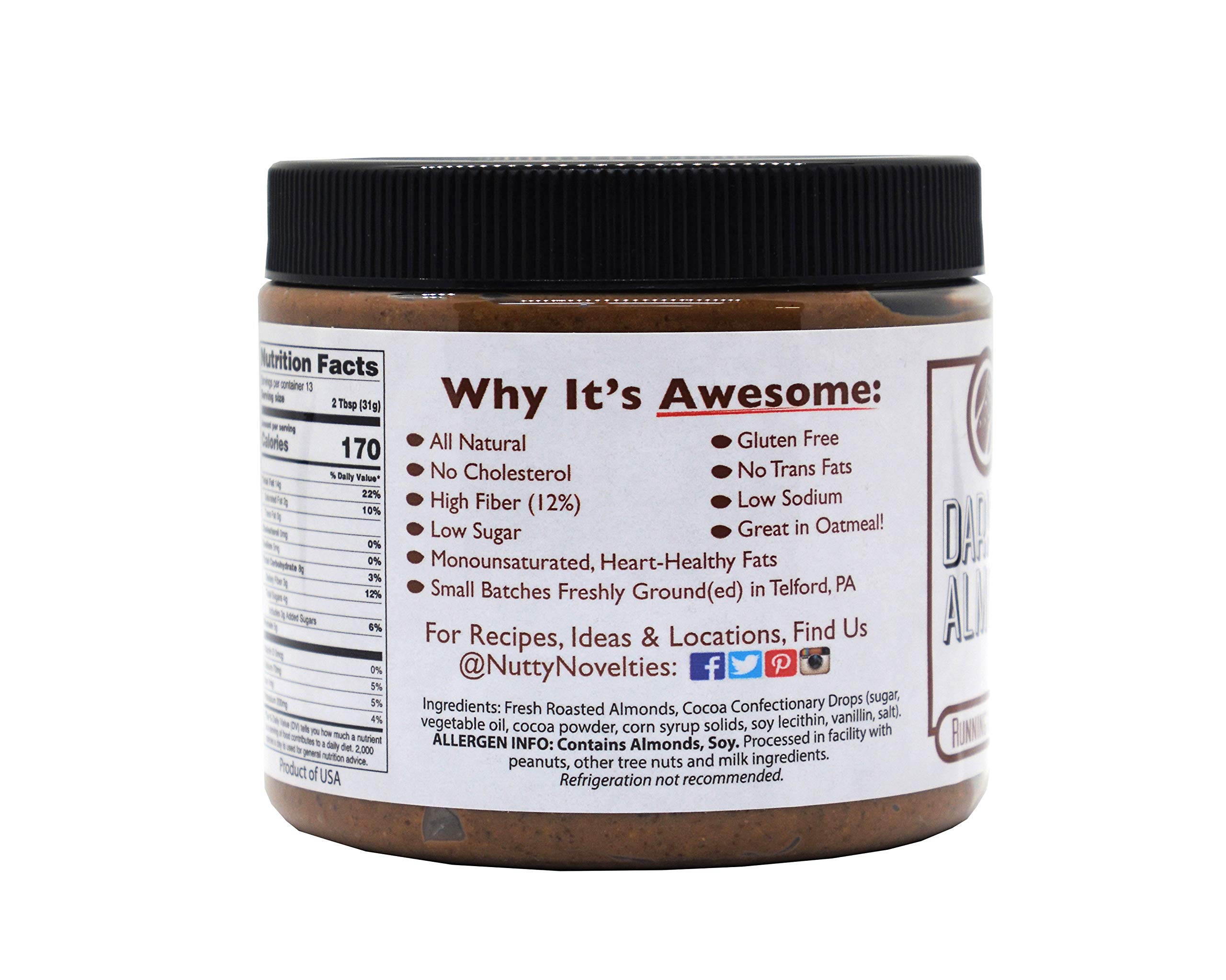 Nutty Novelties Dark Chocolate Almond Butter - High Protein, All-Natural Vegan Almond Spread - Cholesterol & Preservative Free - 30oz Jar - Perfect for Smoothies, Toast & Healthy Snacking