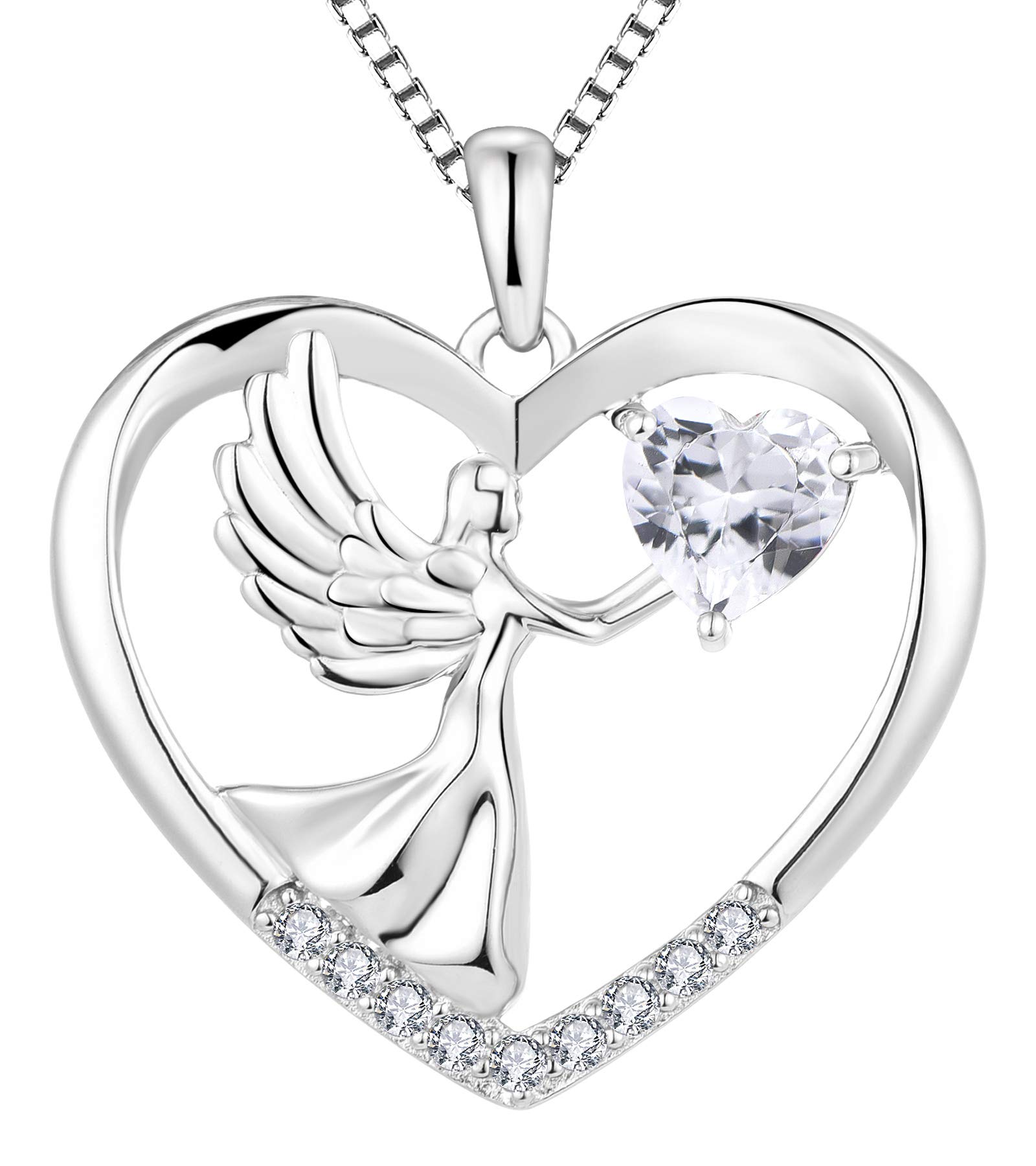 YL Sterling Silver Heart Necklace with Angel Wings & Birthstone Pendant - Elegant Love Jewelry for Women | Perfect Gift for Valentine's Day, Anniversary & Mother's Day