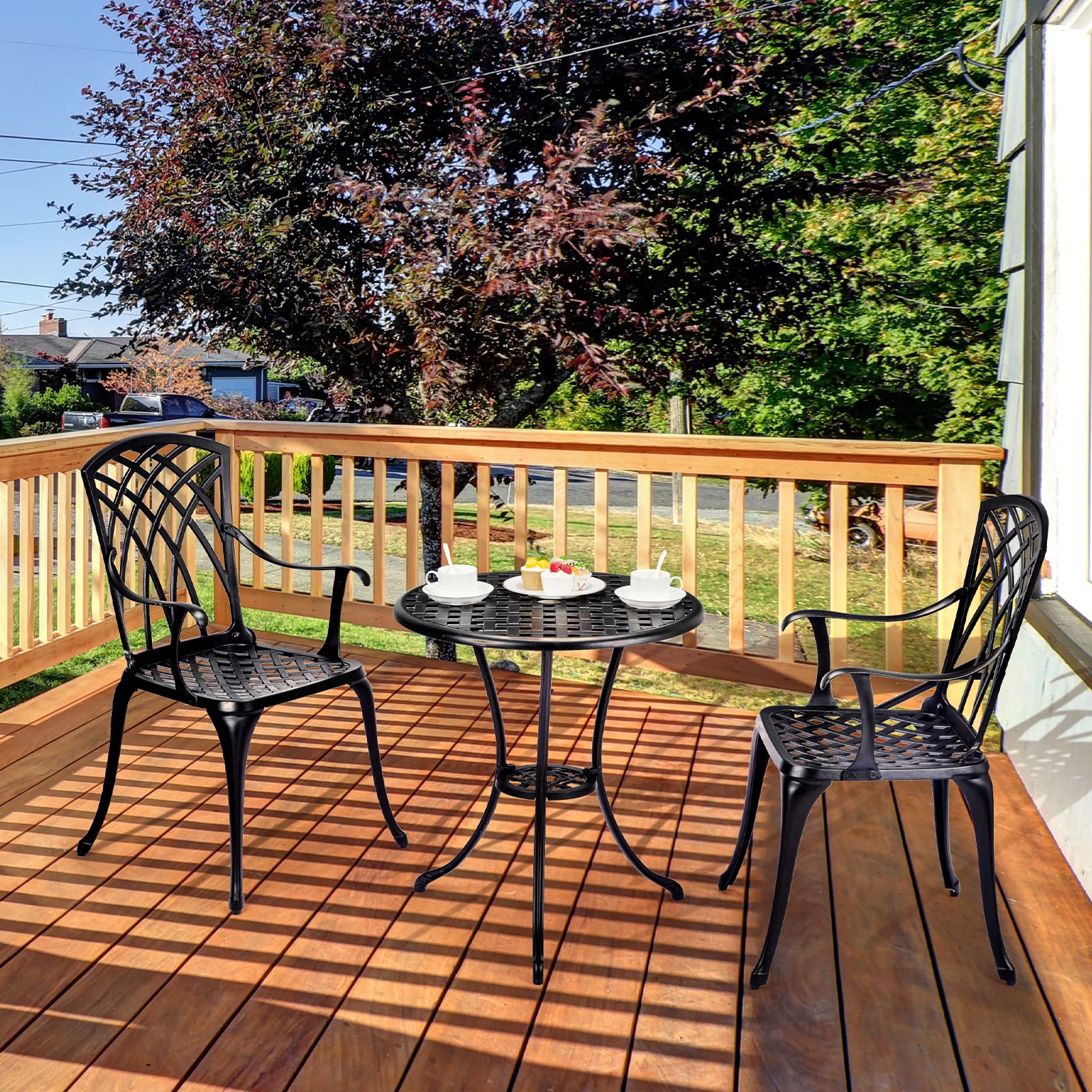 3 Piece Bistro Set - Durable Cast Aluminum Outdoor Table and Chairs with Umbrella Hole - Weather-Resistant Patio Furniture for Balcony, Backyard, Garden - Perfect for Outdoor Dining, Coffee Break and Relaxing (Black)