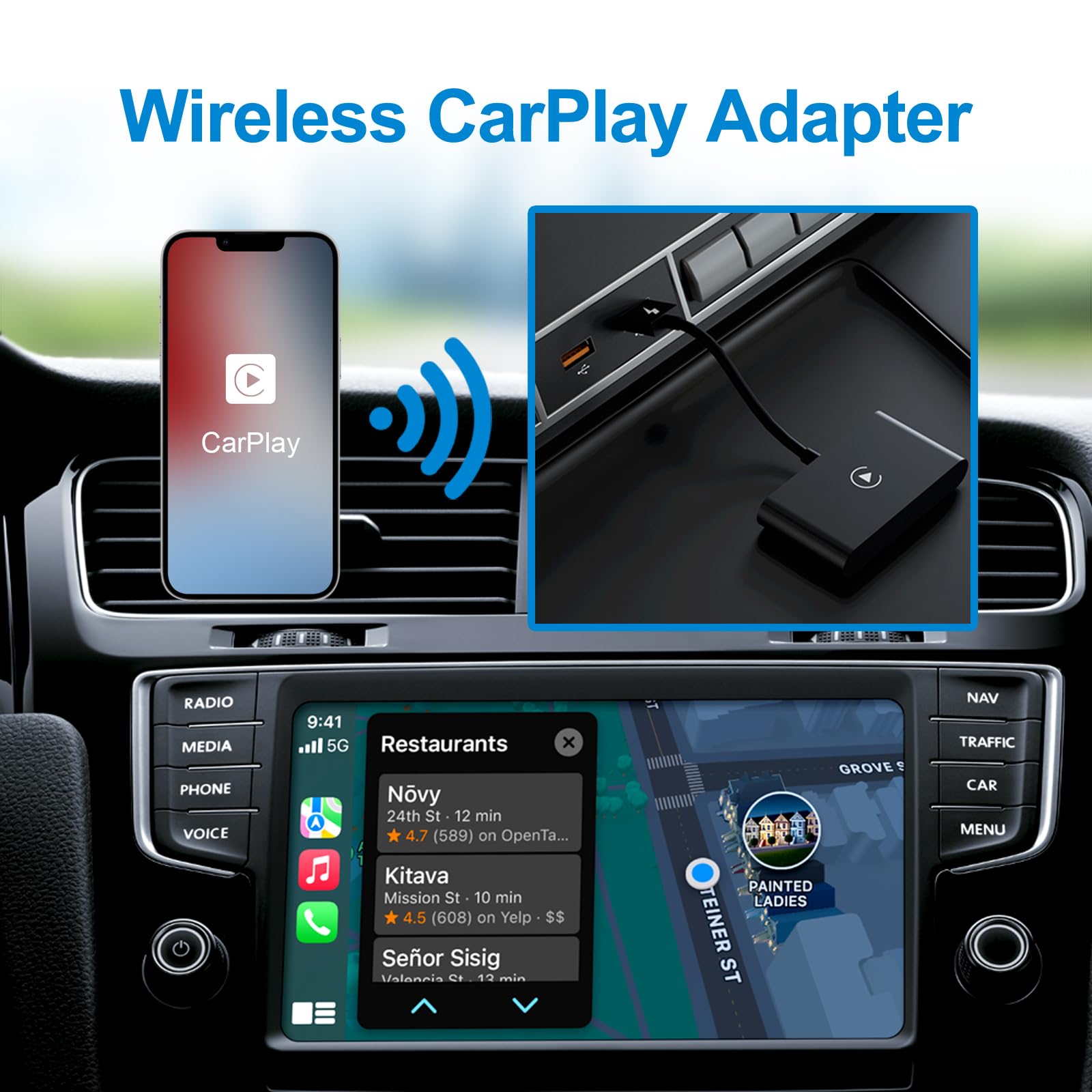 Wireless CarPlay Adapter for iPhone - Convert Wired to Wireless CarPlay, 5G WiFi Auto Connect, iOS 10+ Compatibility, Plug & Play for Factory Wired Cars - Perfect for Commuting, Road Trips & Hands-Free Driving
