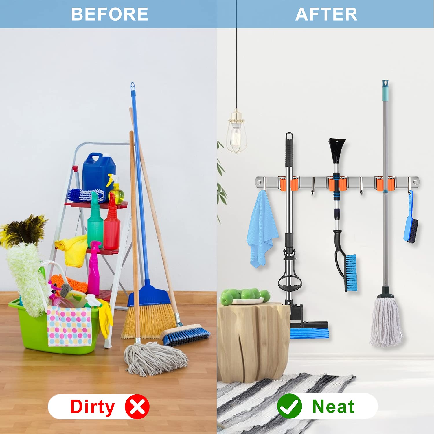 Wall Mounted Broom and Mop Holder with 3 Clamps & 4 Hooks - Space Saving Organizer for Kitchen, Garage, Bathroom, Laundry Room & Garden Storage - Perfect for Home Cleaning Tool Organization