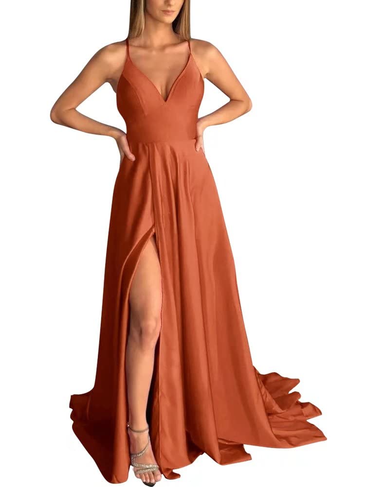 Elegant V-Neck Satin Prom Dress with High Slit - Sleeveless Long Evening Gown for Women | Formal Wedding Guest Dress in Orange | Size 18W | Perfect for Homecoming, Cocktail Parties & Special Occasions