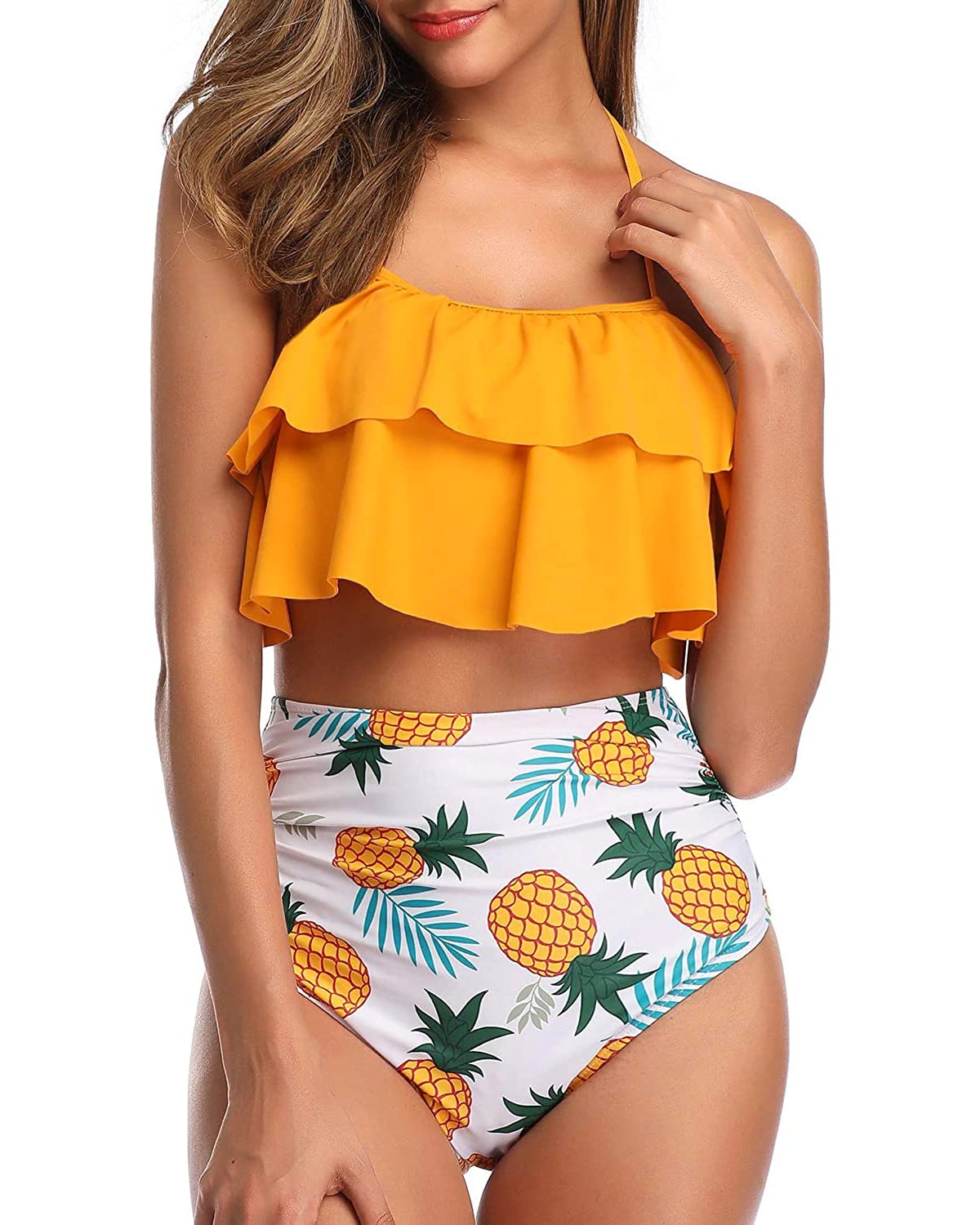 Tempt Me Women's High Waisted Bikini Set - Ruffle Tummy Control Swimwear with Halter Top | Perfect for Beach Vacation, Pool Party & Summer Getaways
