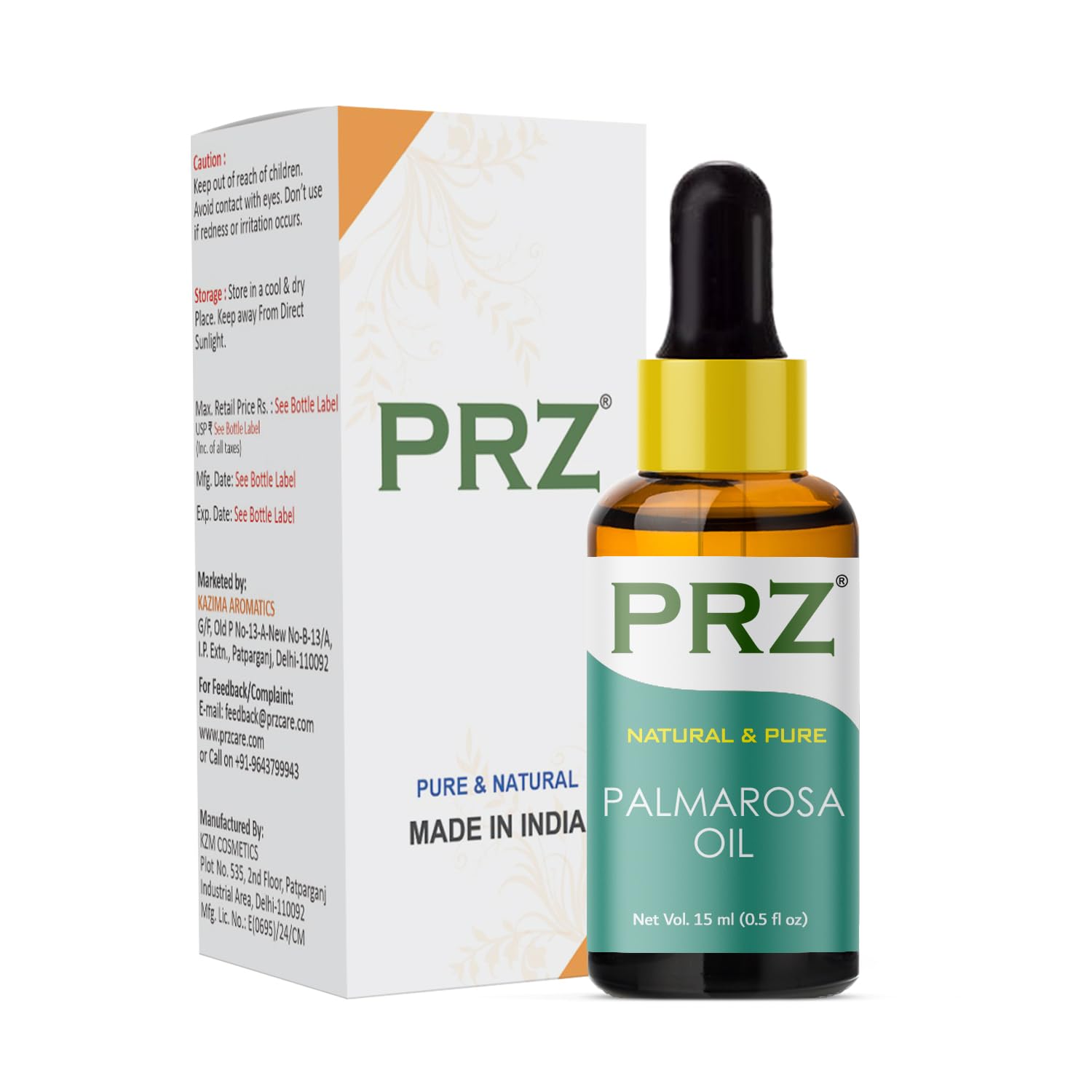 PRZ Palmarosa Essential Oil - 100% Pure Natural Therapeutic Grade for Aromatherapy, Skin Care, Hair Growth & Relaxation (15ml) - Perfect for Diffusers, Massage & DIY Beauty Products