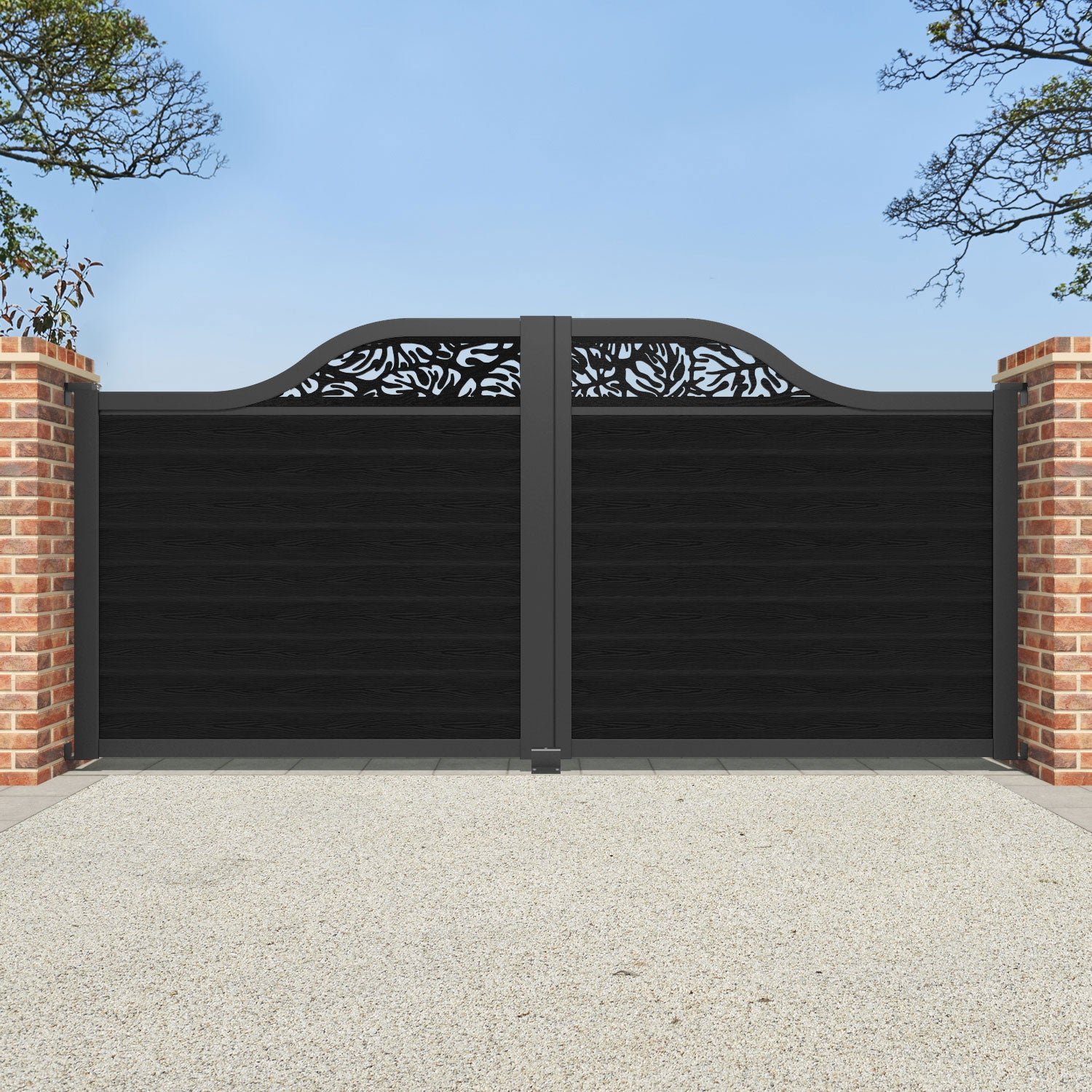 Classic Black Botanic Curved Top Driveway Gate with Decorative Screen - Perfect for Garden Entryways, Estate Security, and Home Curb Appeal