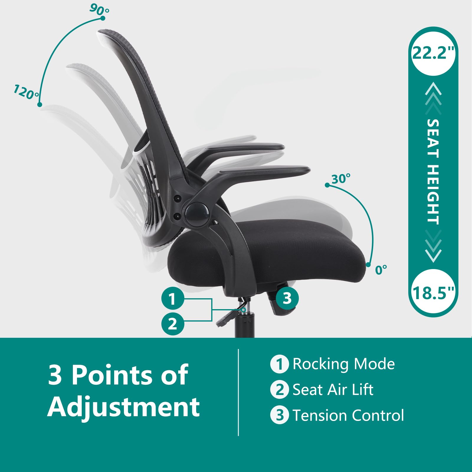 DUMOS Ergonomic Office Chair with Lumbar Support - Mid Back Mesh Computer Desk Chair with Wheels, Swivel & Flip-Up Arms for Home Office, Study, Bedroom - Comfortable Task Chair for Work & Gaming (Black)