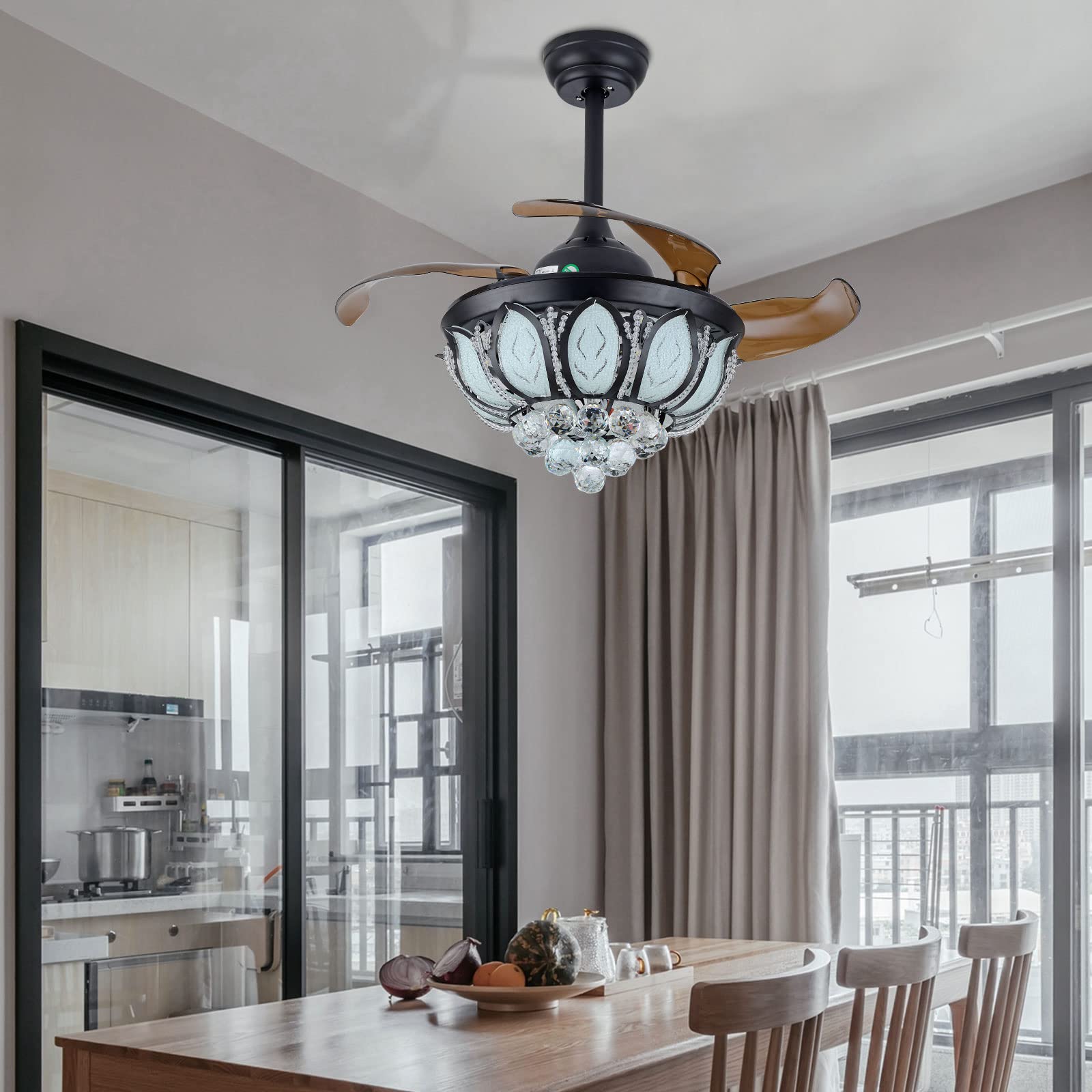42 Inch Retractable Ceiling Fan with Light and Remote Control - Flush Mount Crystal Chandelier Fan - Quiet, Dimmable & Adjustable Speed - Perfect for Bedroom, Living Room, Dining Room & Kitchen - Ideal for Home Cooling and Elegant Lighting