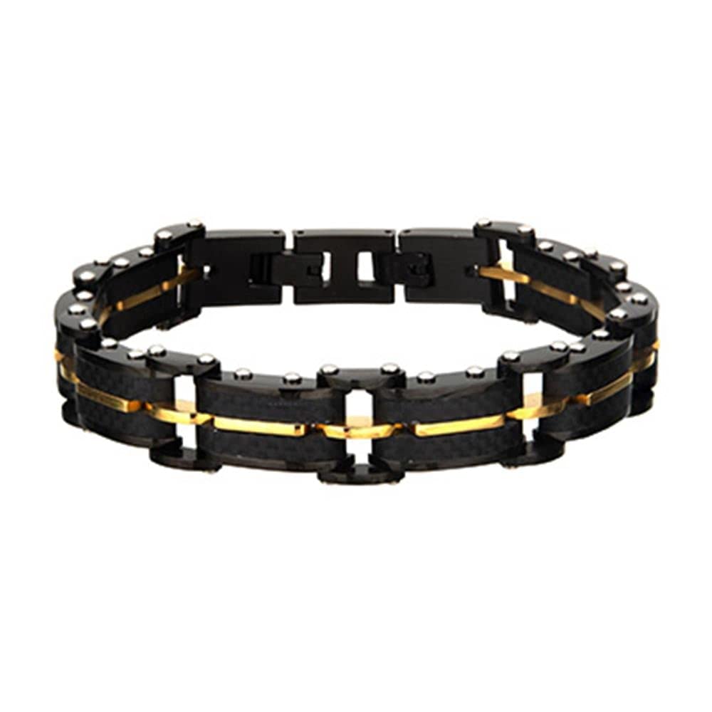 Men's Stainless Steel Black Carbon Fiber & Gold Plated ID Link Bracelet - Adjustable 8.25