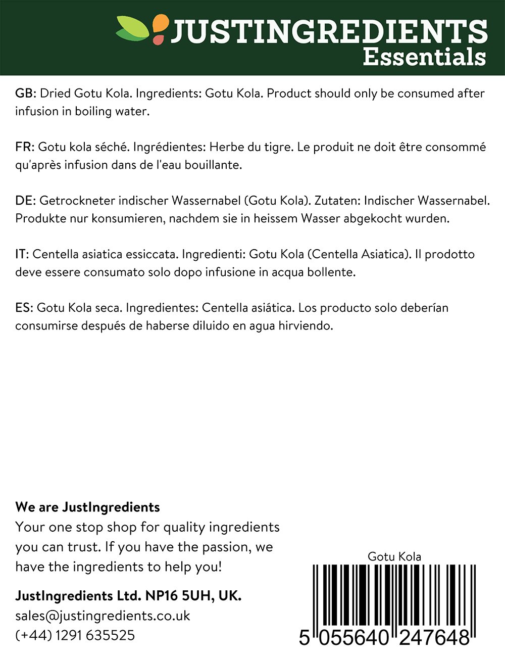 JustIngredients Gotu Kola Powder 500g - Organic Herbal Supplement for Brain Health, Memory & Skin Care - Perfect for Teas, Smoothies & Natural Remedies