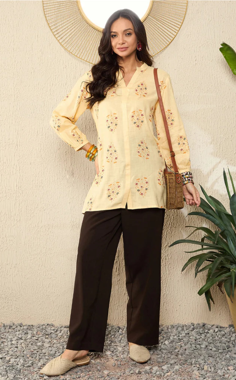 Stylish Yellow Cotton Blend Floral Printed Tunic Top for Women - Casual Summer Outfit, Beachwear & Boho Fashion