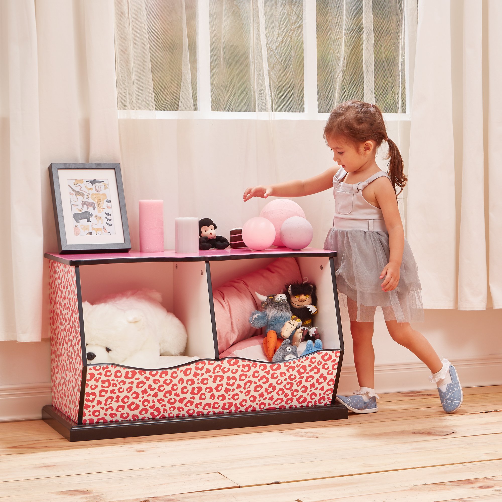 Teamson Kids Leopard Print 2-Bin Storage Organizer - Stylish Toy & Book Storage for Kids' Room, Nursery, or Playroom